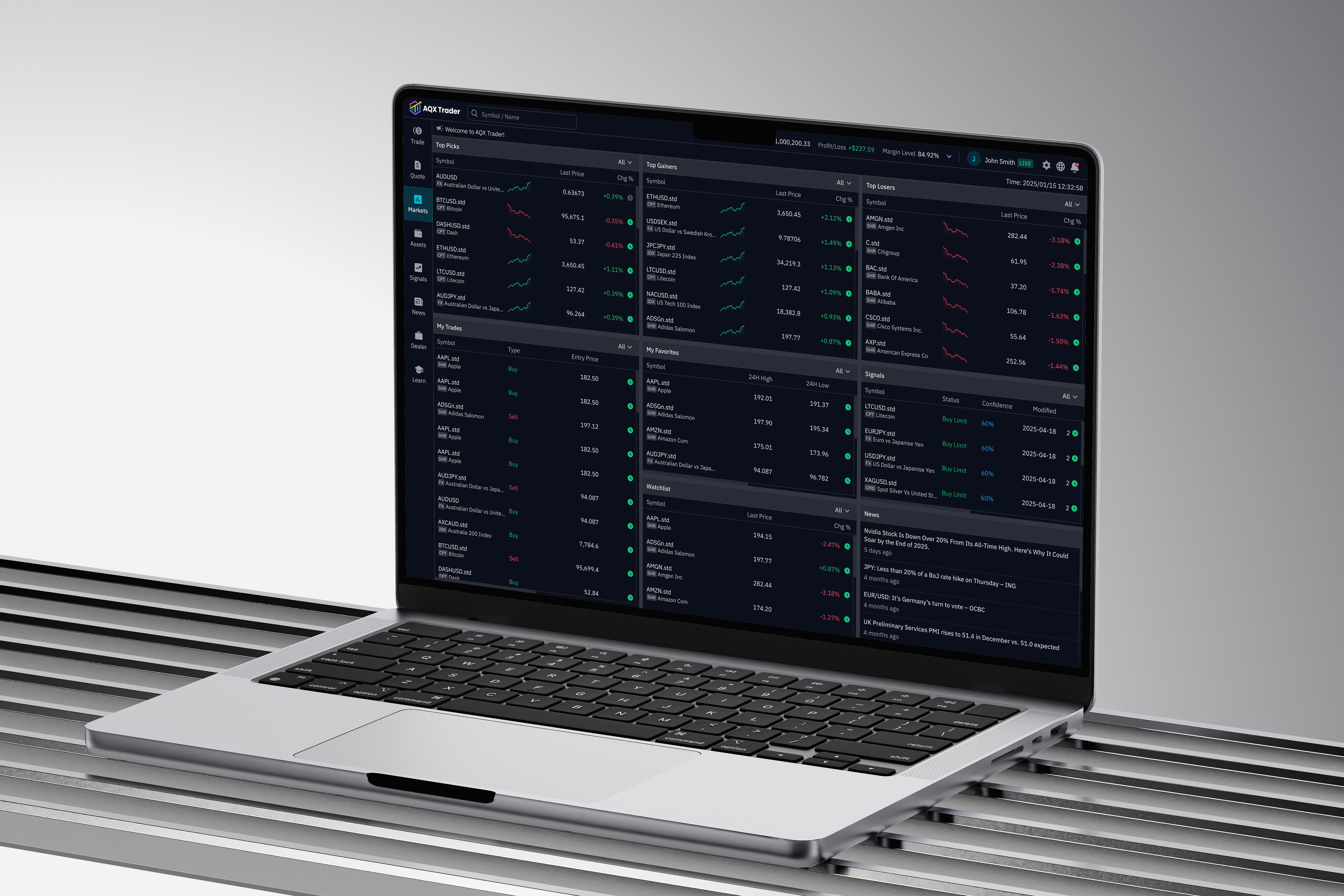 AQX Trader desktop markets dashboard with top picks, top gainers and losers, my trades, watchlist, and news