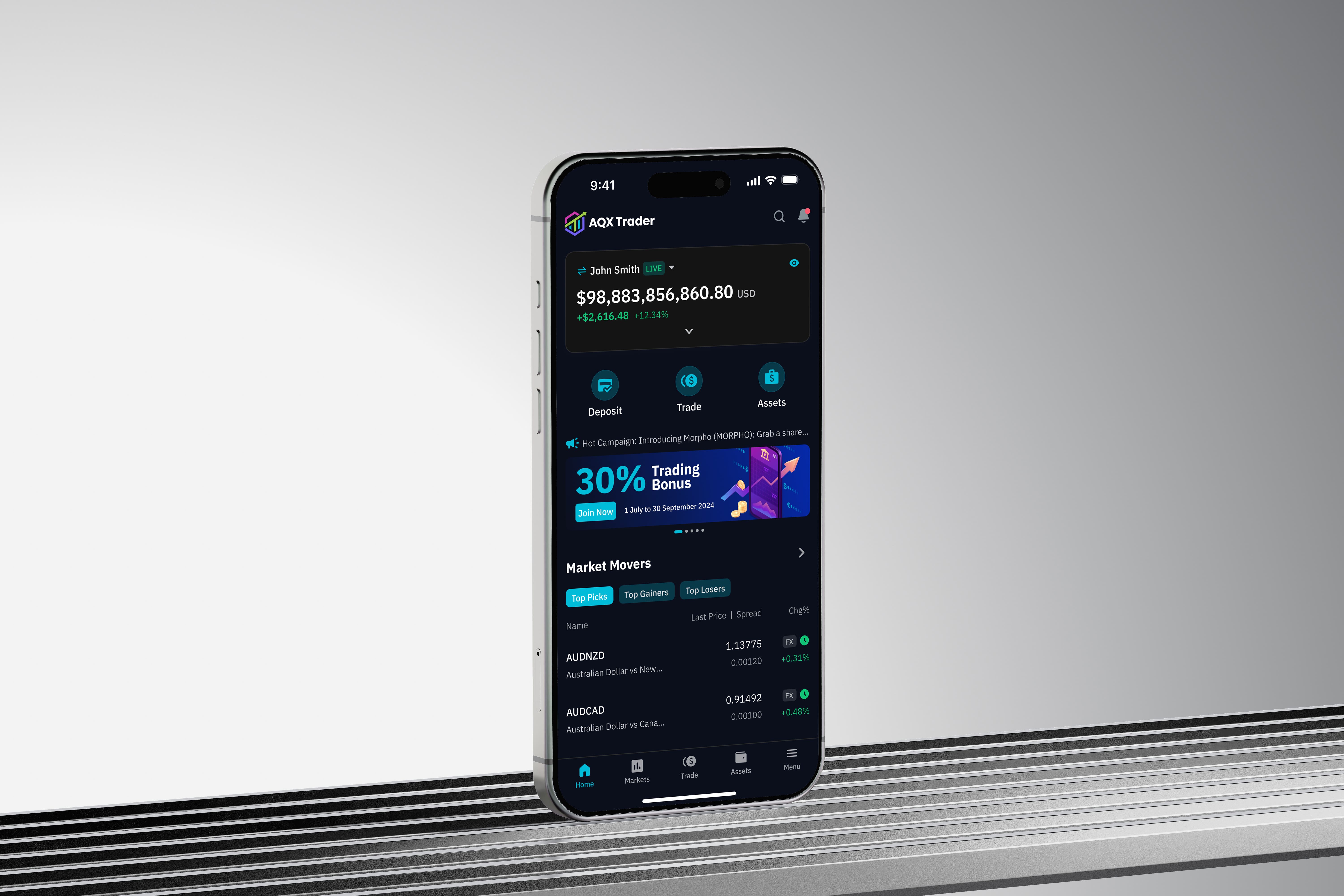 AQX Trader mobile home screen with account balance, deposit and trade shortcuts, a promo banner, and market movers