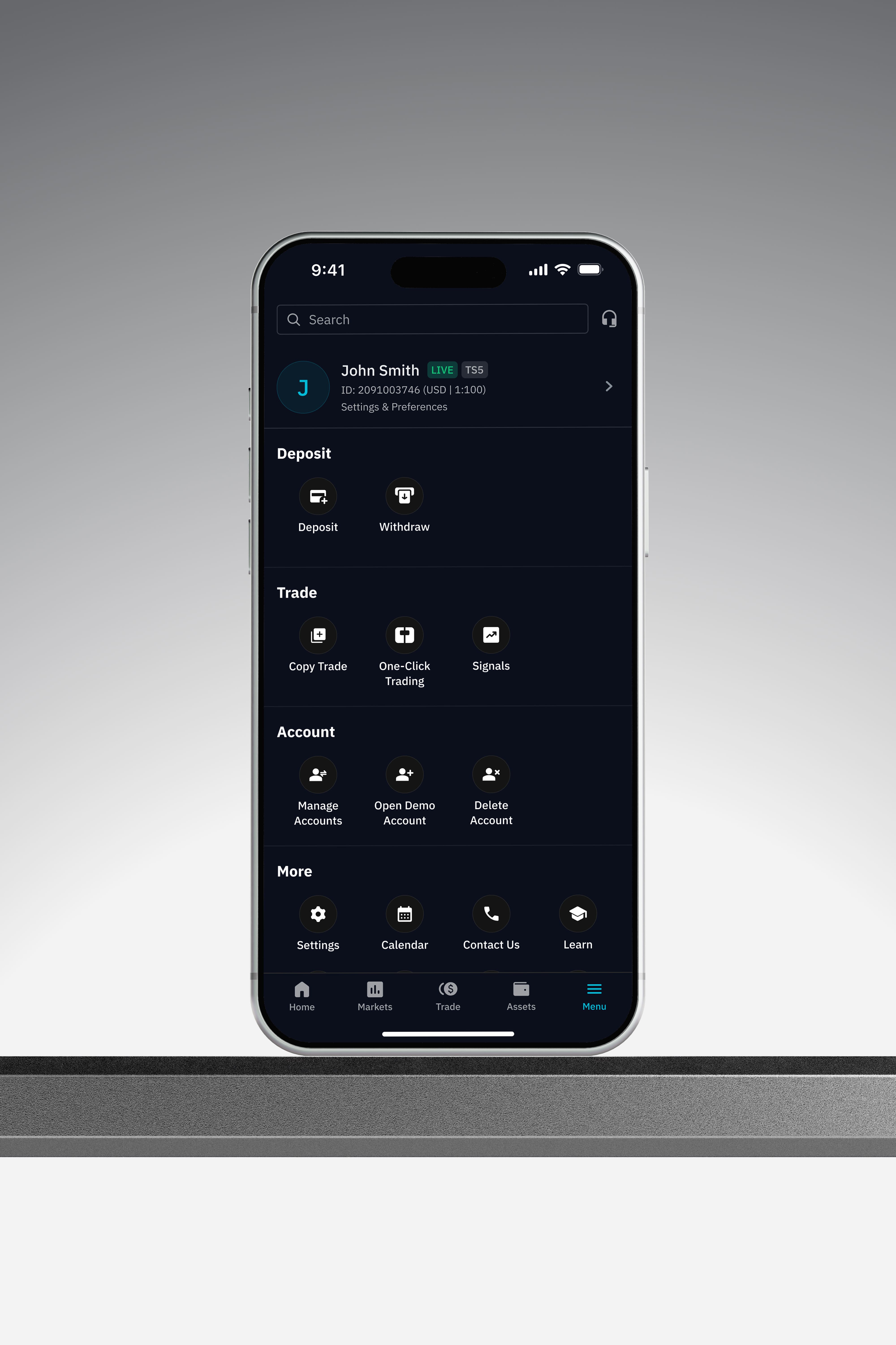AQX Trader mobile menu screen with deposit, trade, account, and more action grids
