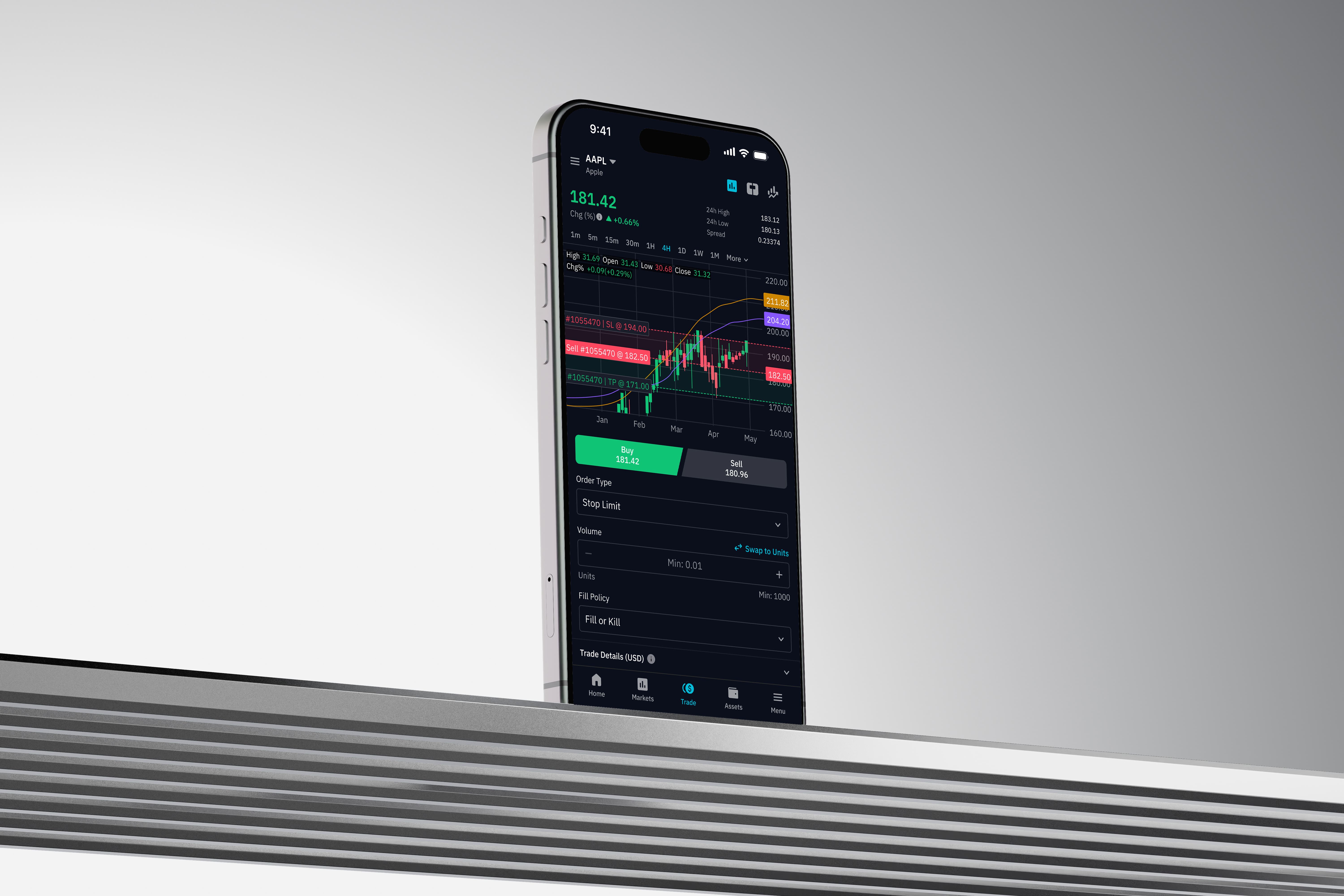 AQX Trader mobile trade screen with an AAPL chart, buy and sell prices, order type, volume, and fill policy