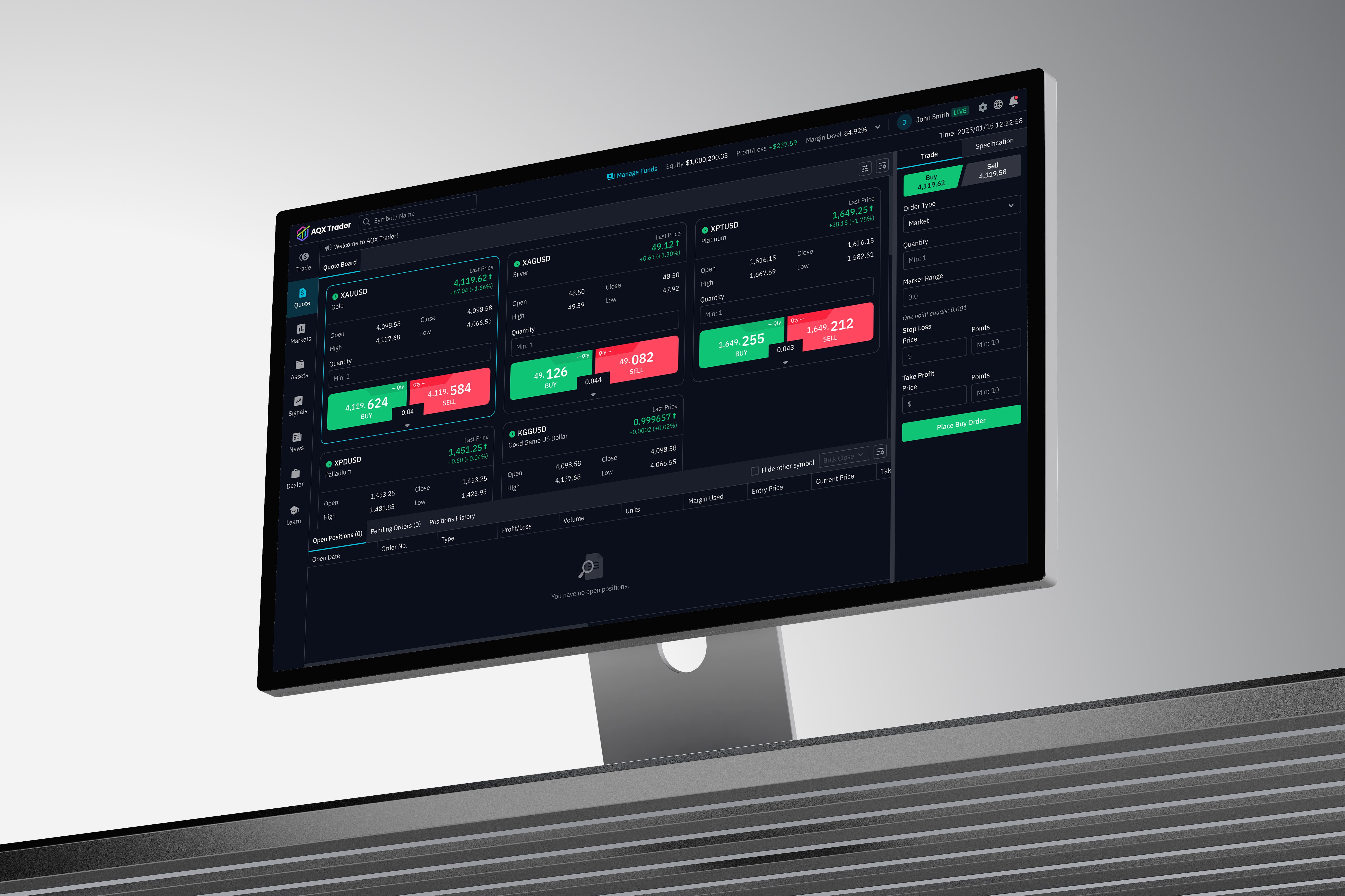 AQX Trader desktop quote board with green and red buy and sell price tiles for gold, silver, platinum and other instruments