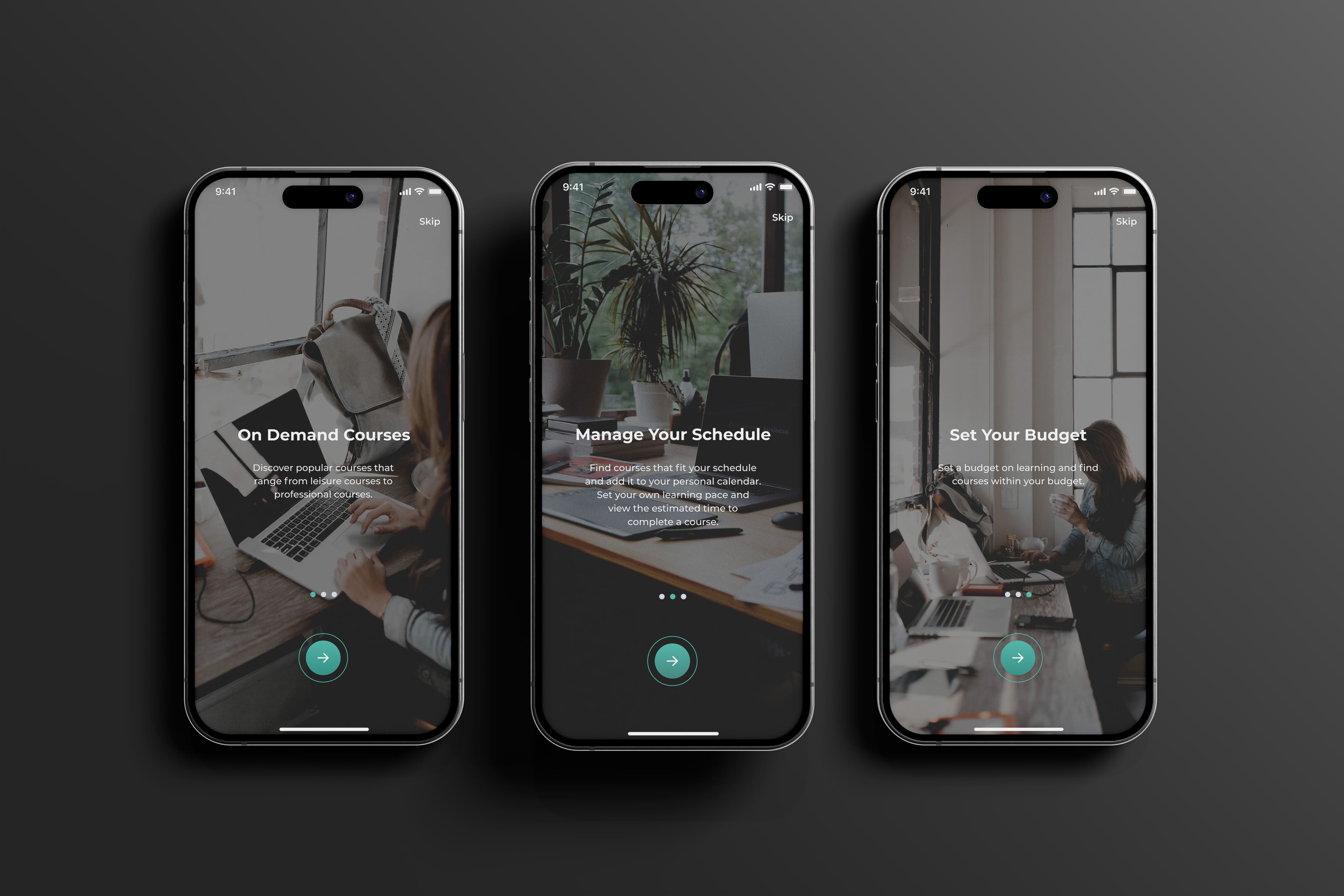 Three CourseMatch onboarding screens side by side — On Demand Courses, Manage Your Schedule, and Set Your Budget