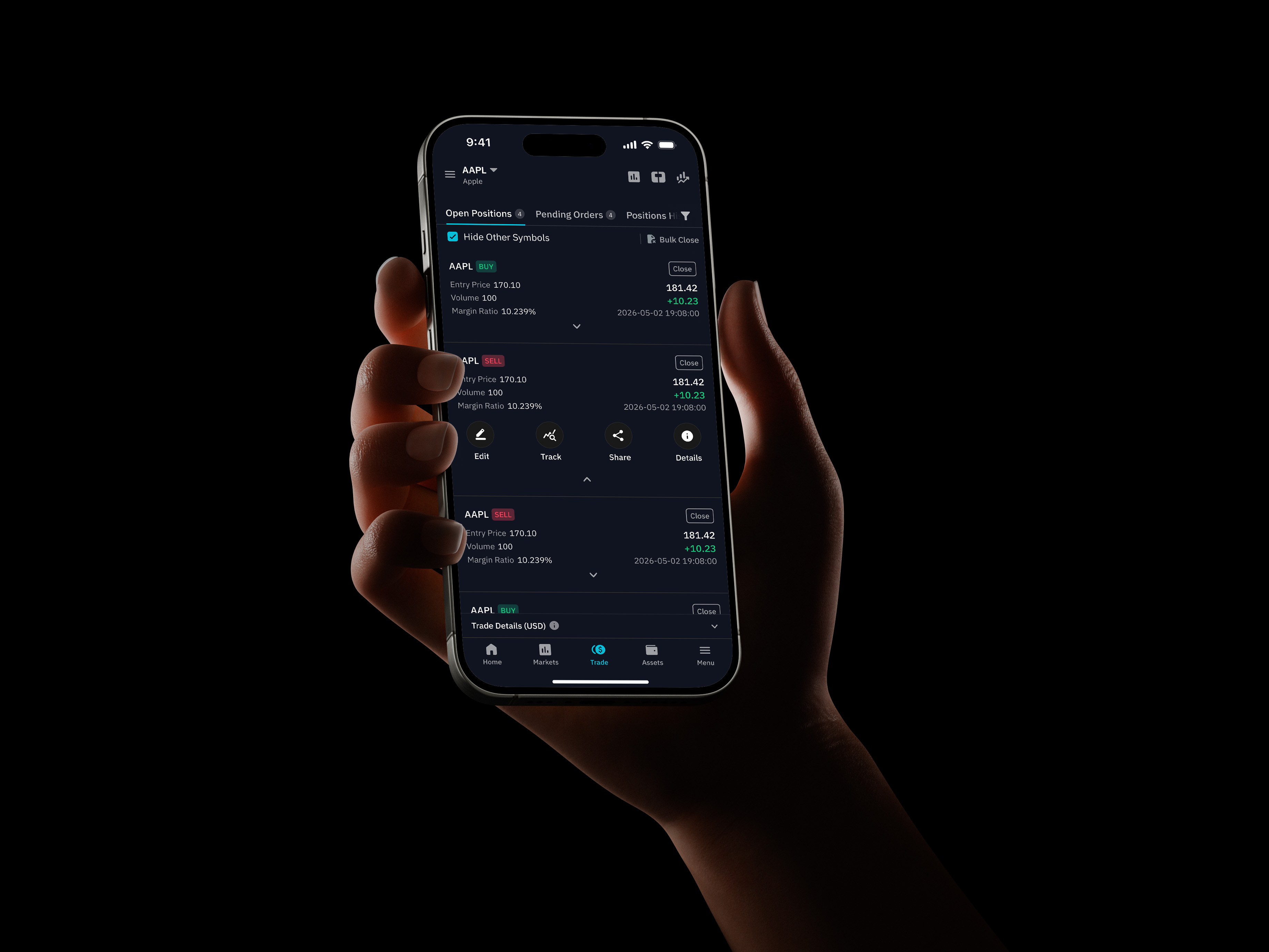 AQX Trader mobile open positions screen with AAPL buy and sell rows, live profit and loss, and quick actions