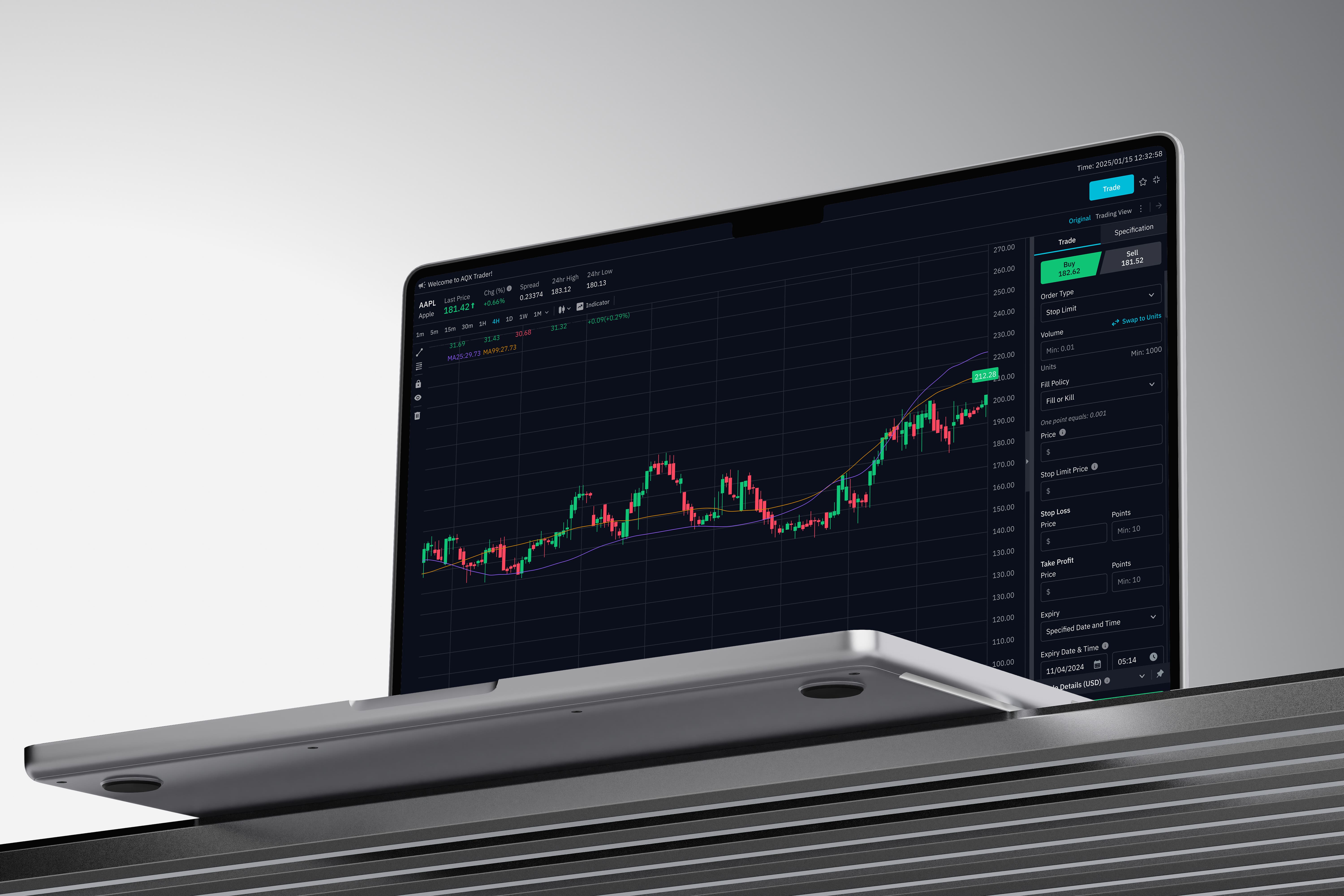 AQX Trader desktop trading terminal with an AAPL candlestick chart and a full order ticket panel