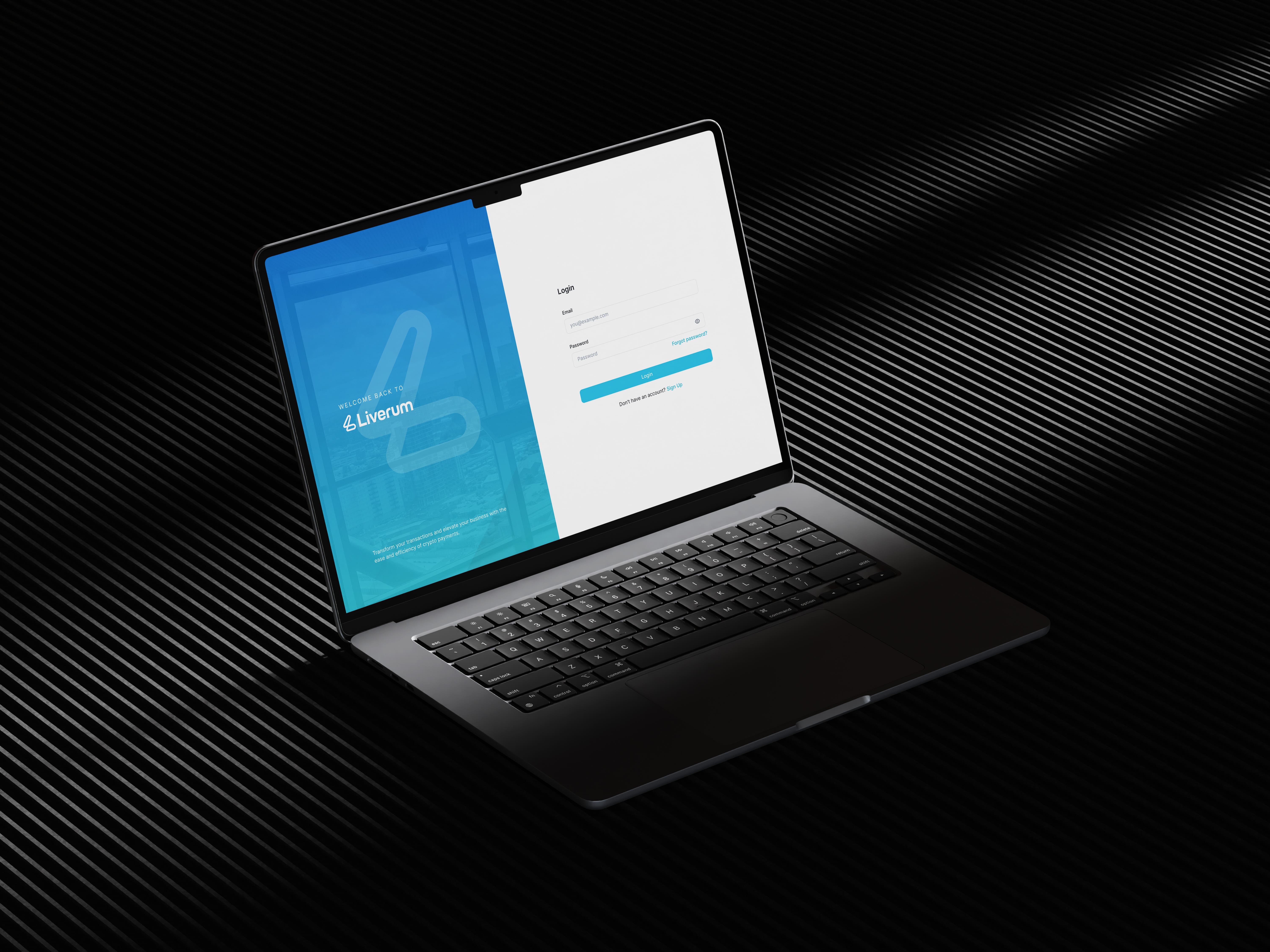 Liverum login screen with a split blue brand panel and email and password fields