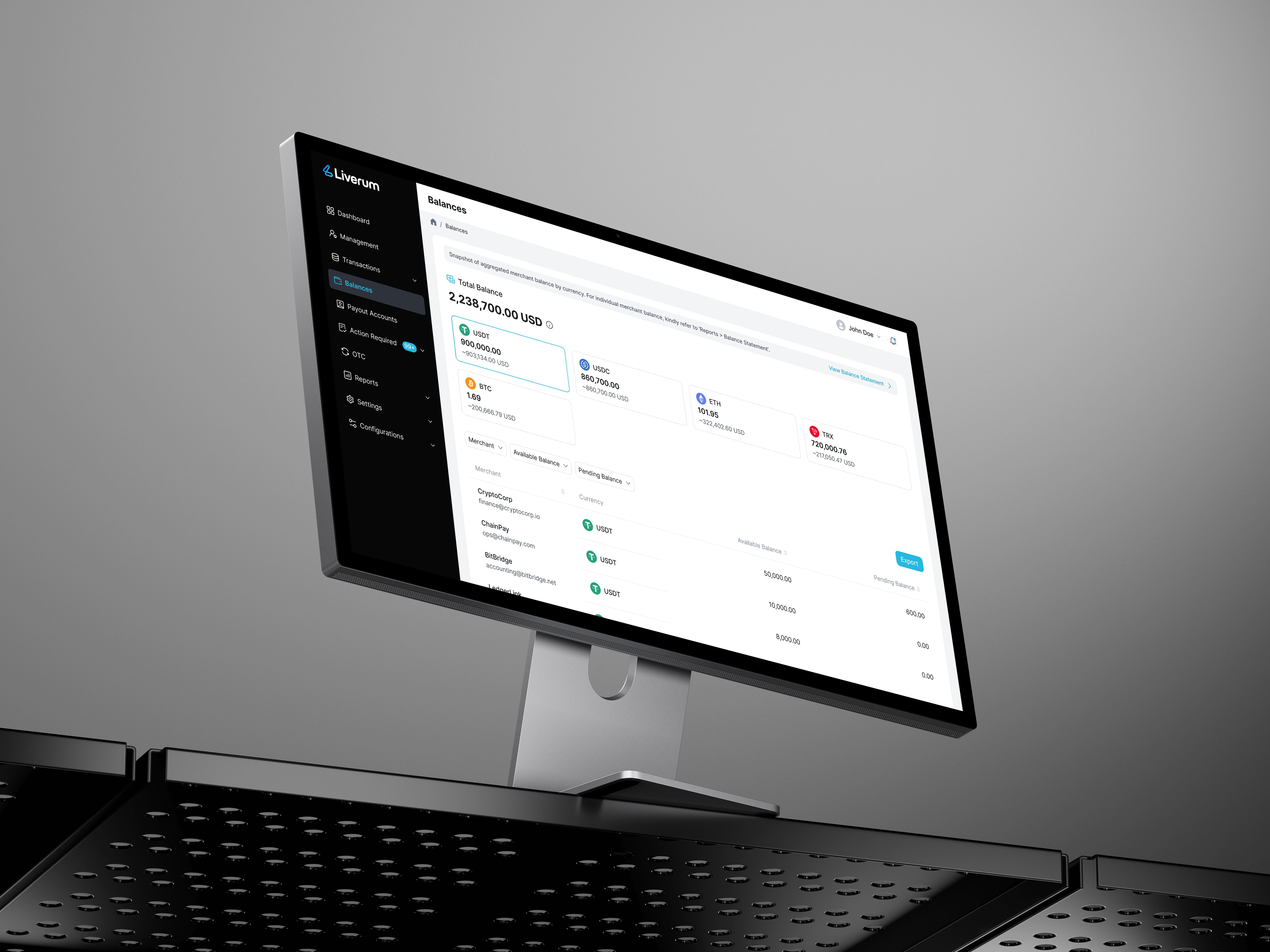 Liverum aggregated merchant balances screen with a 2.2M USD total balance and a per-merchant breakdown