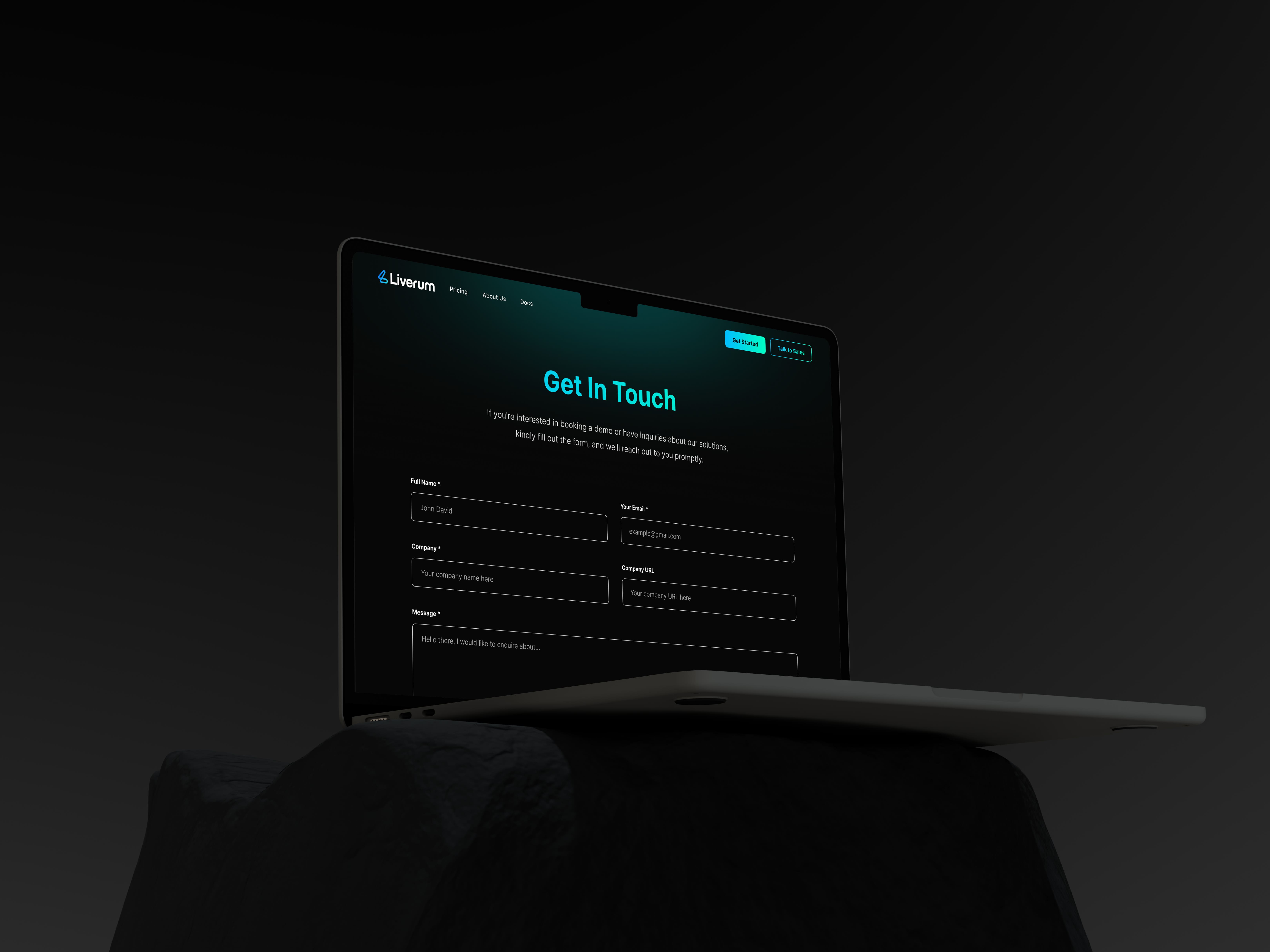 Liverum website 'Get In Touch' contact form with full name, email, company and message fields