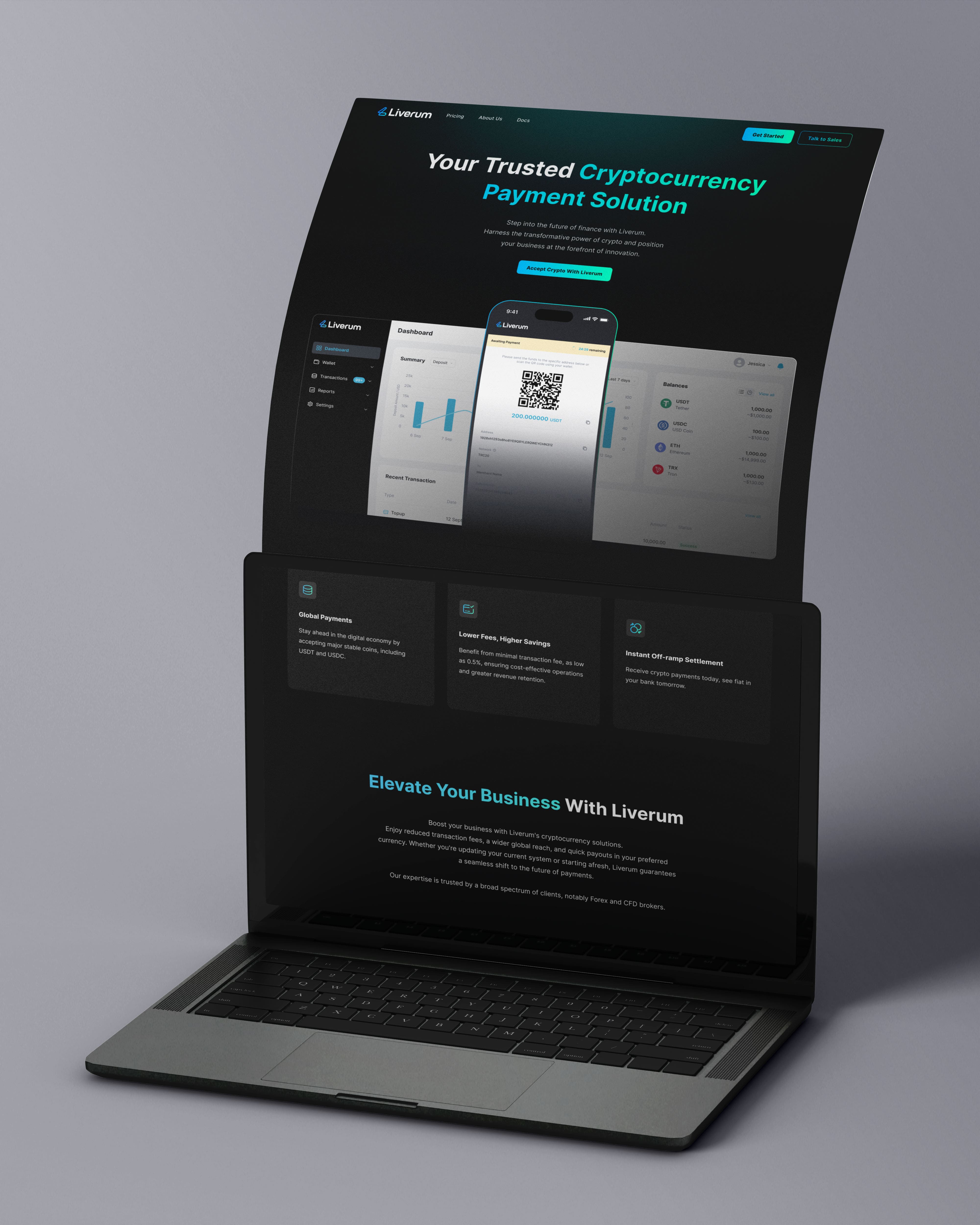 Liverum website full homepage with the value proposition, product dashboard, and a payment QR phone overlay