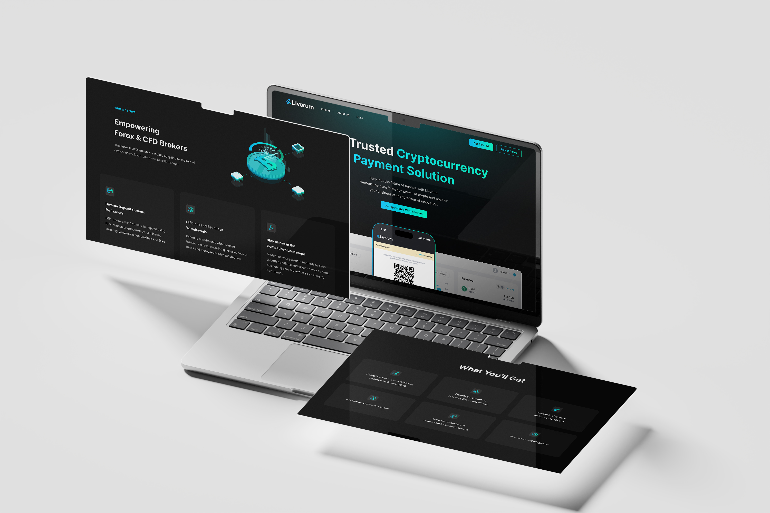 Liverum website pages shown across floating screens and a laptop — the Who We Serve section and homepage hero