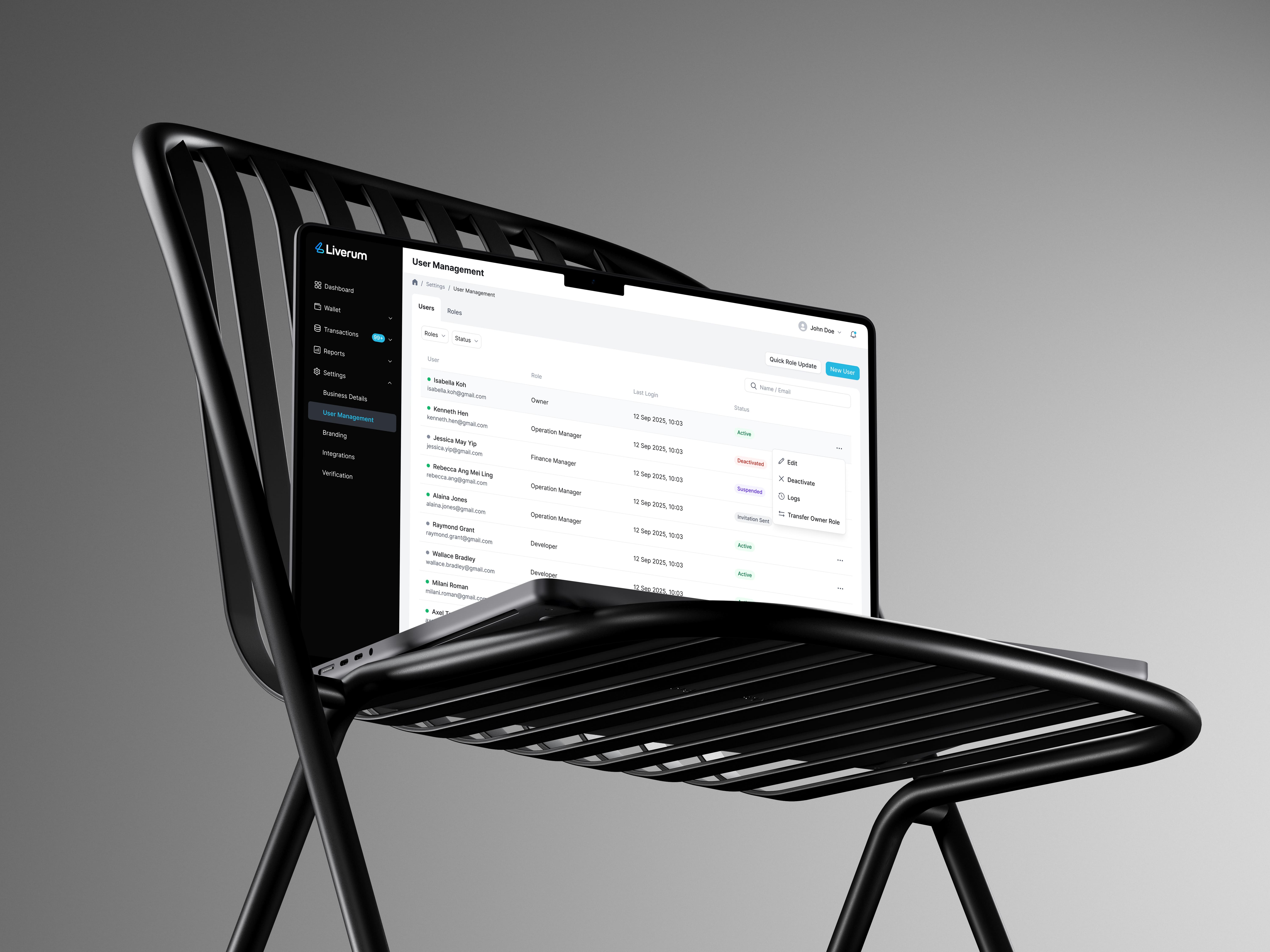 Liverum user management screen listing users with roles, statuses, and a row action menu
