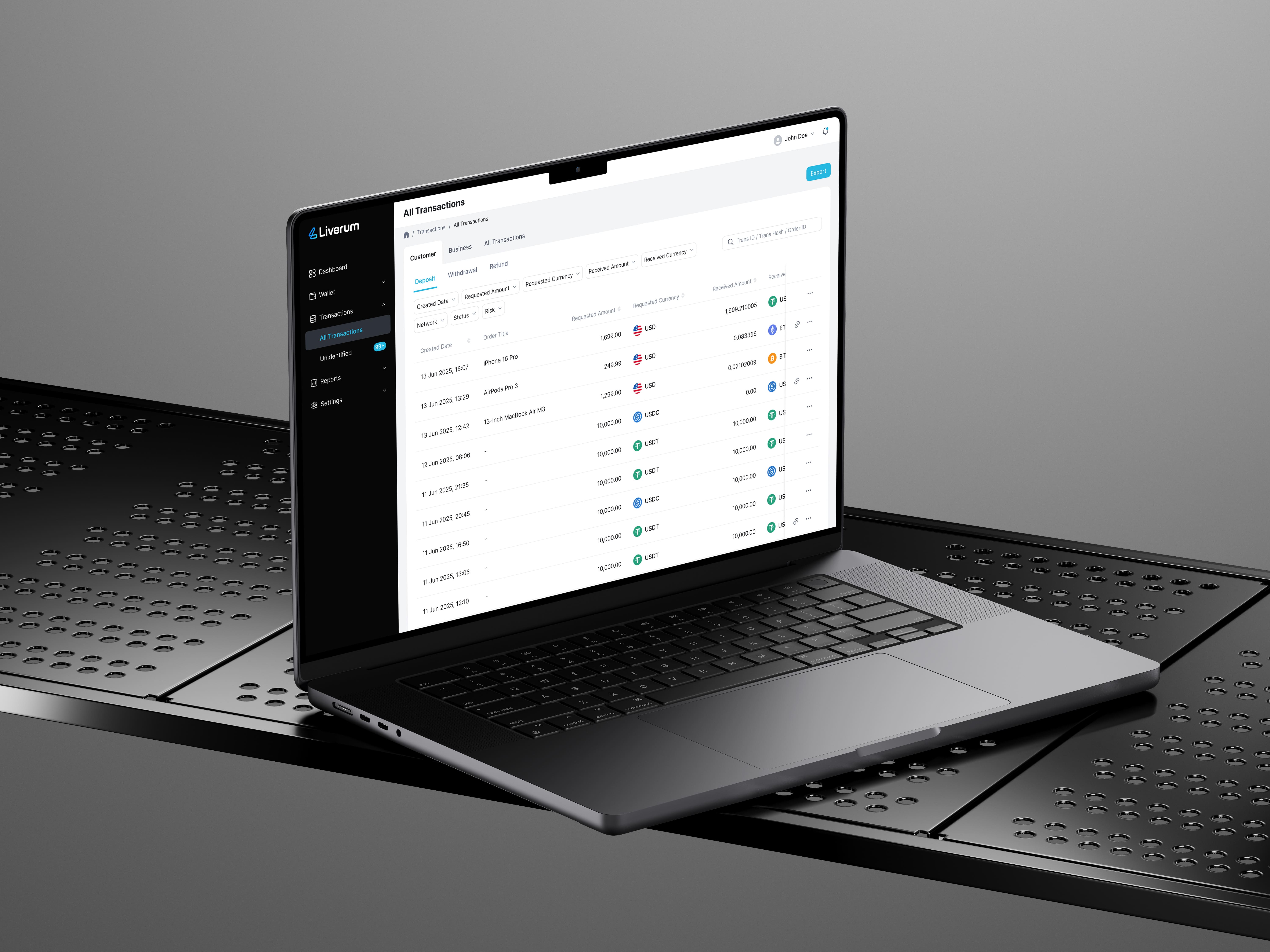 Liverum all-transactions table listing deposits with amounts, currencies and an export action