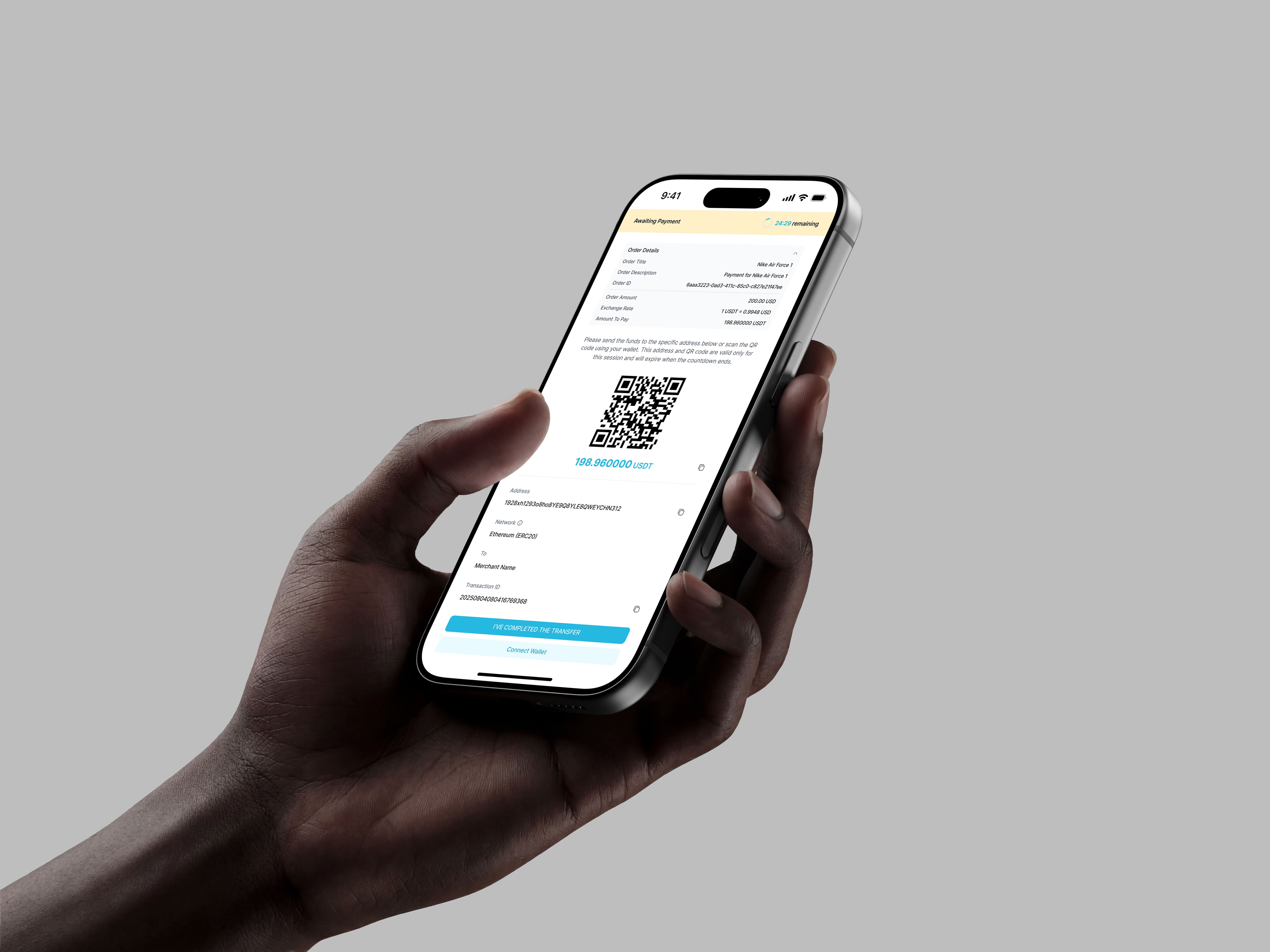 Liverum hosted checkout on mobile — an awaiting-payment screen with order details, a payment QR code, amount due in USDT, and wallet address
