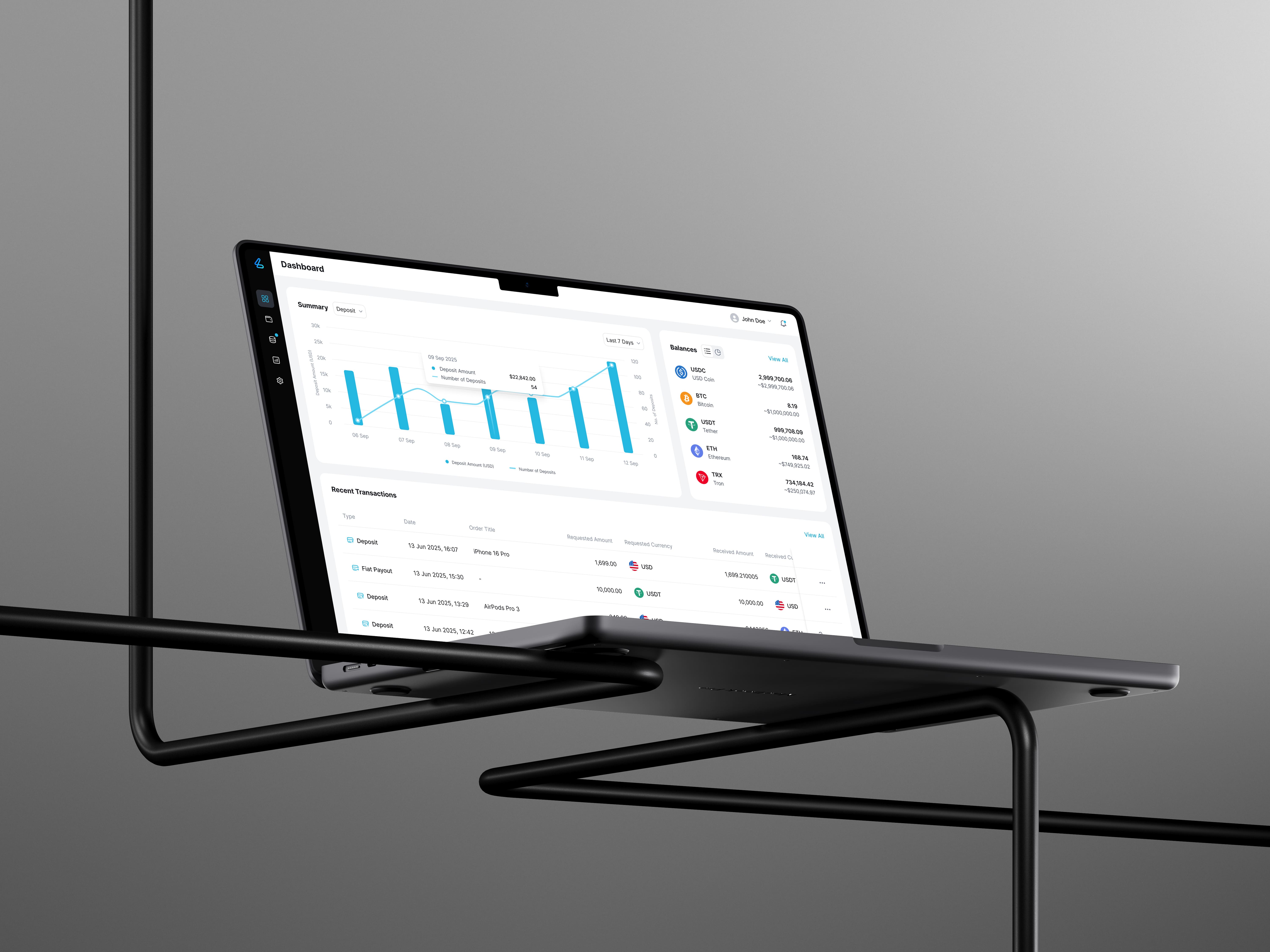 Liverum crypto payment platform dashboard with a deposits summary chart, crypto balances, and recent transactions, shown on a laptop