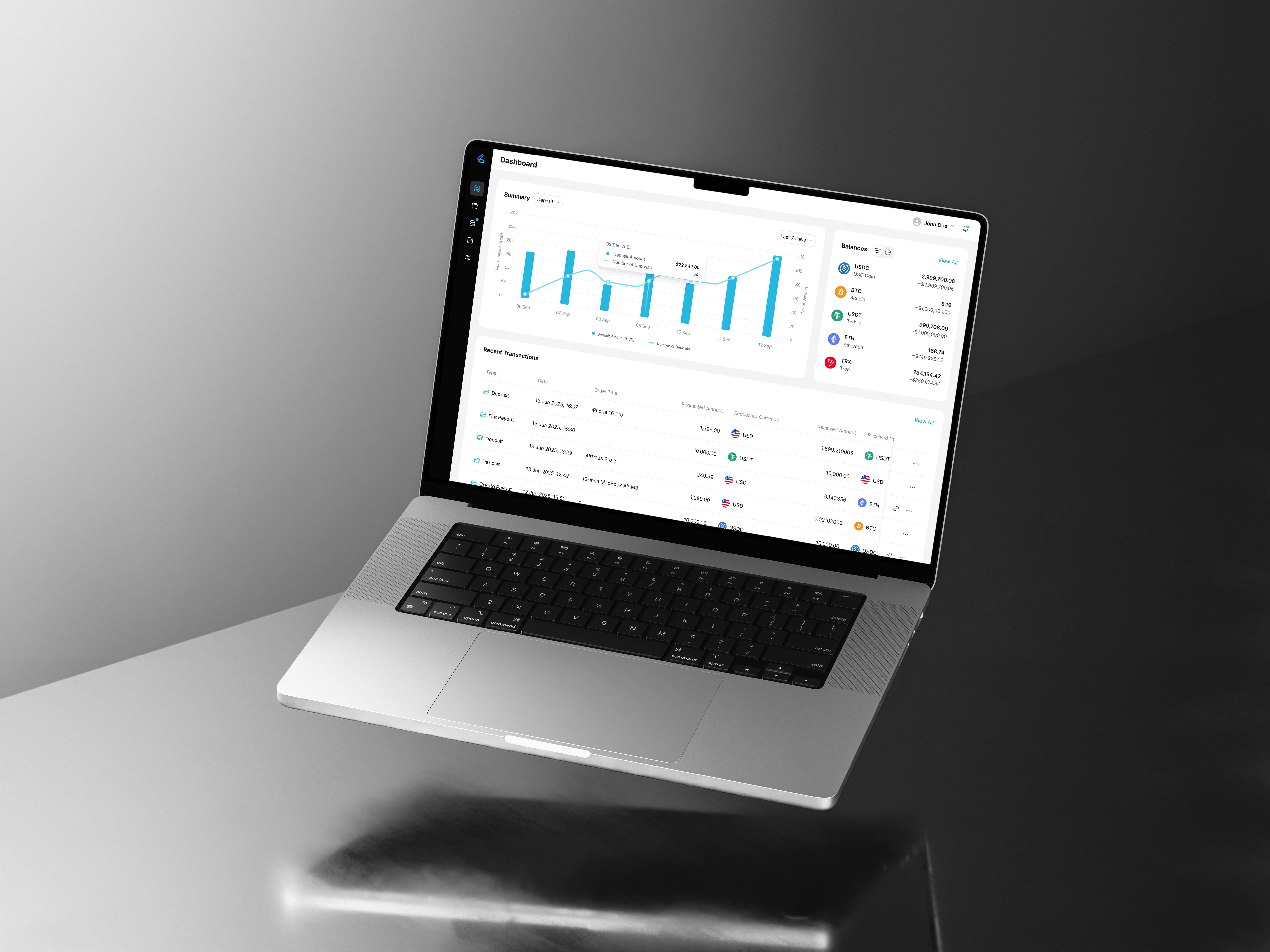 Liverum dashboard with a deposits summary chart, recent transactions, and a balances sidebar