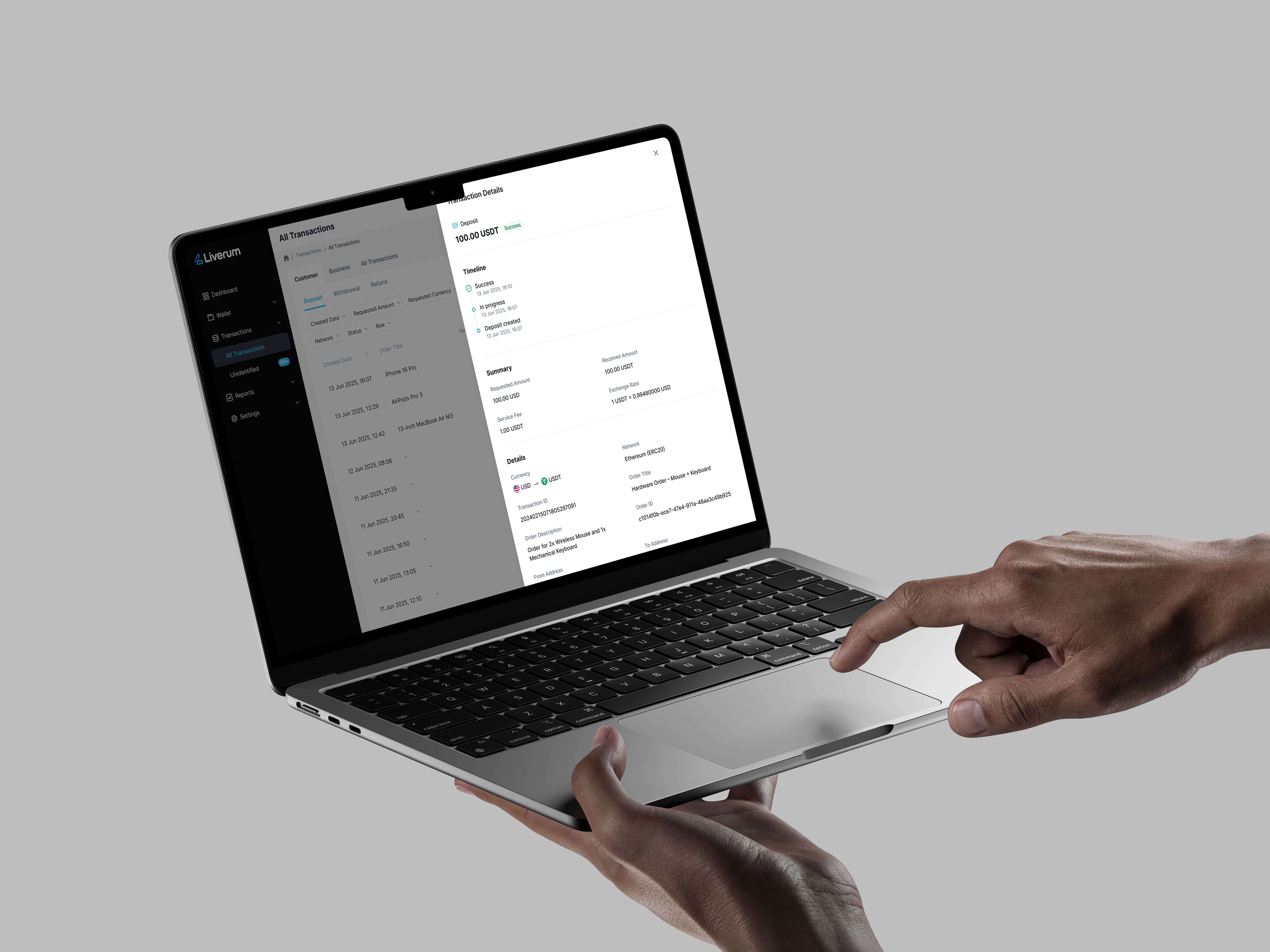 Liverum all-transactions view with a transaction detail panel open on a successful 100 USDT deposit