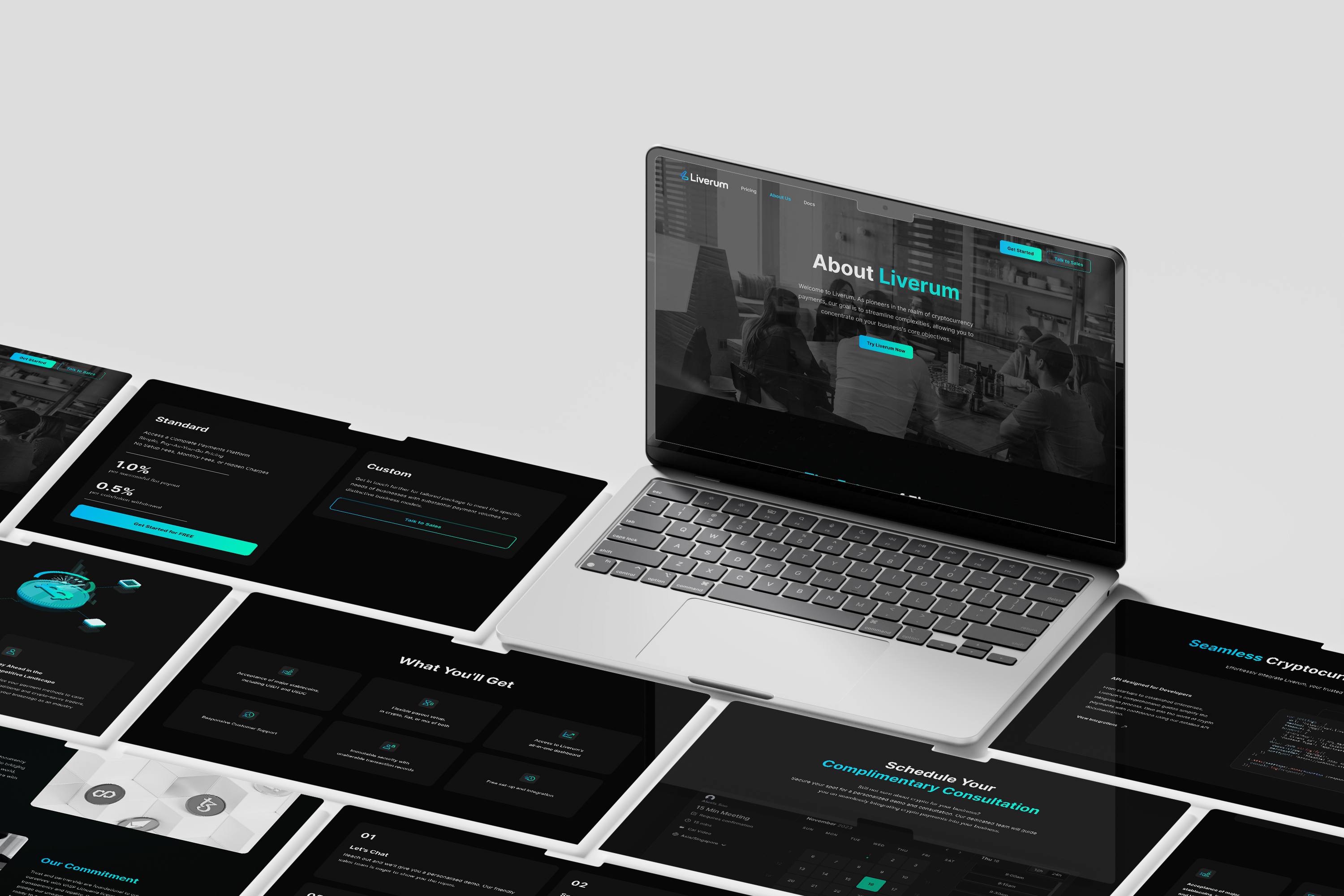 An array of Liverum marketing pages laid out flat with a floating laptop showing the About Liverum page