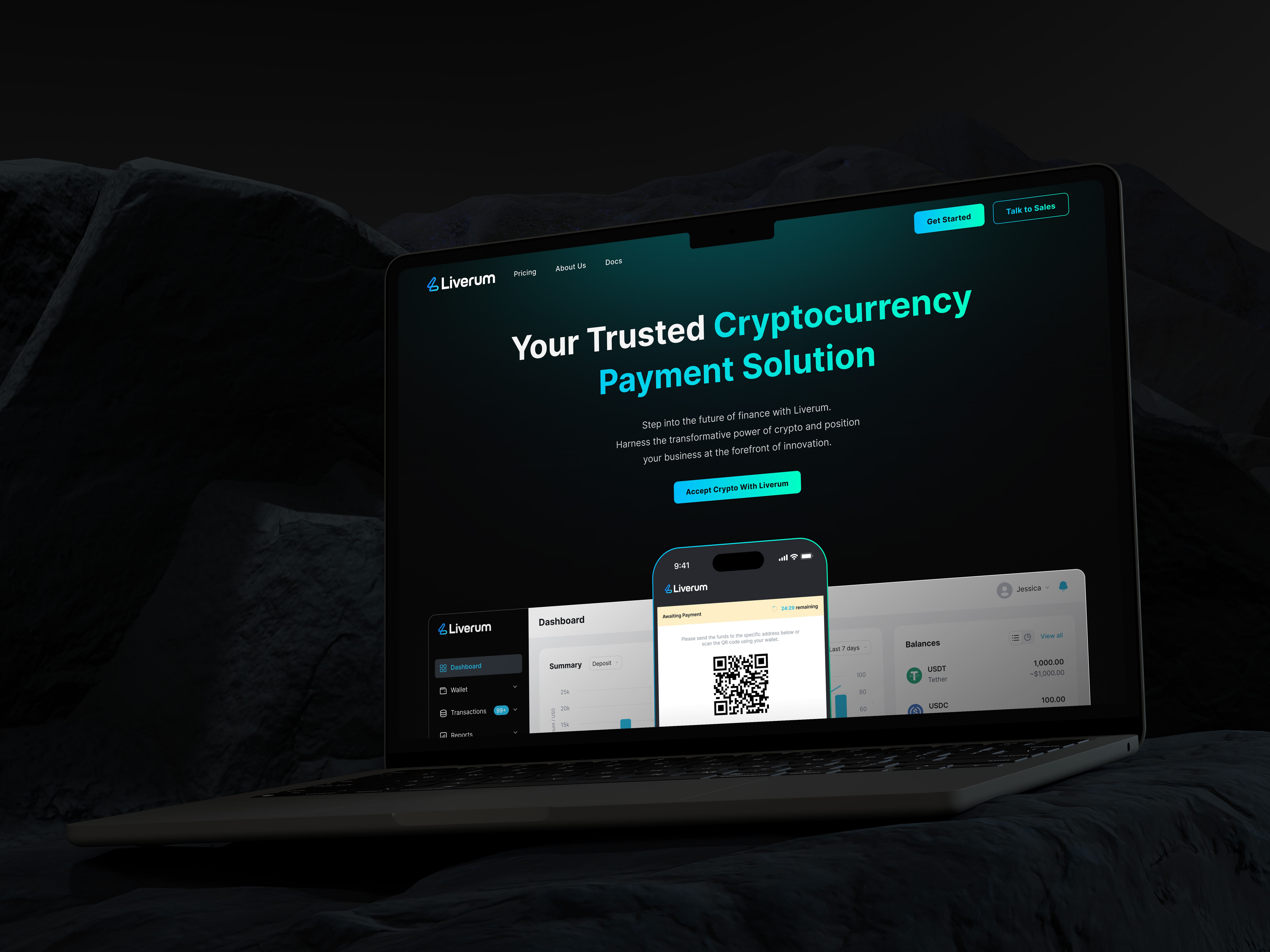 Liverum marketing site homepage hero, 'Your Trusted Cryptocurrency Payment Solution', shown on a laptop with a payment QR overlay