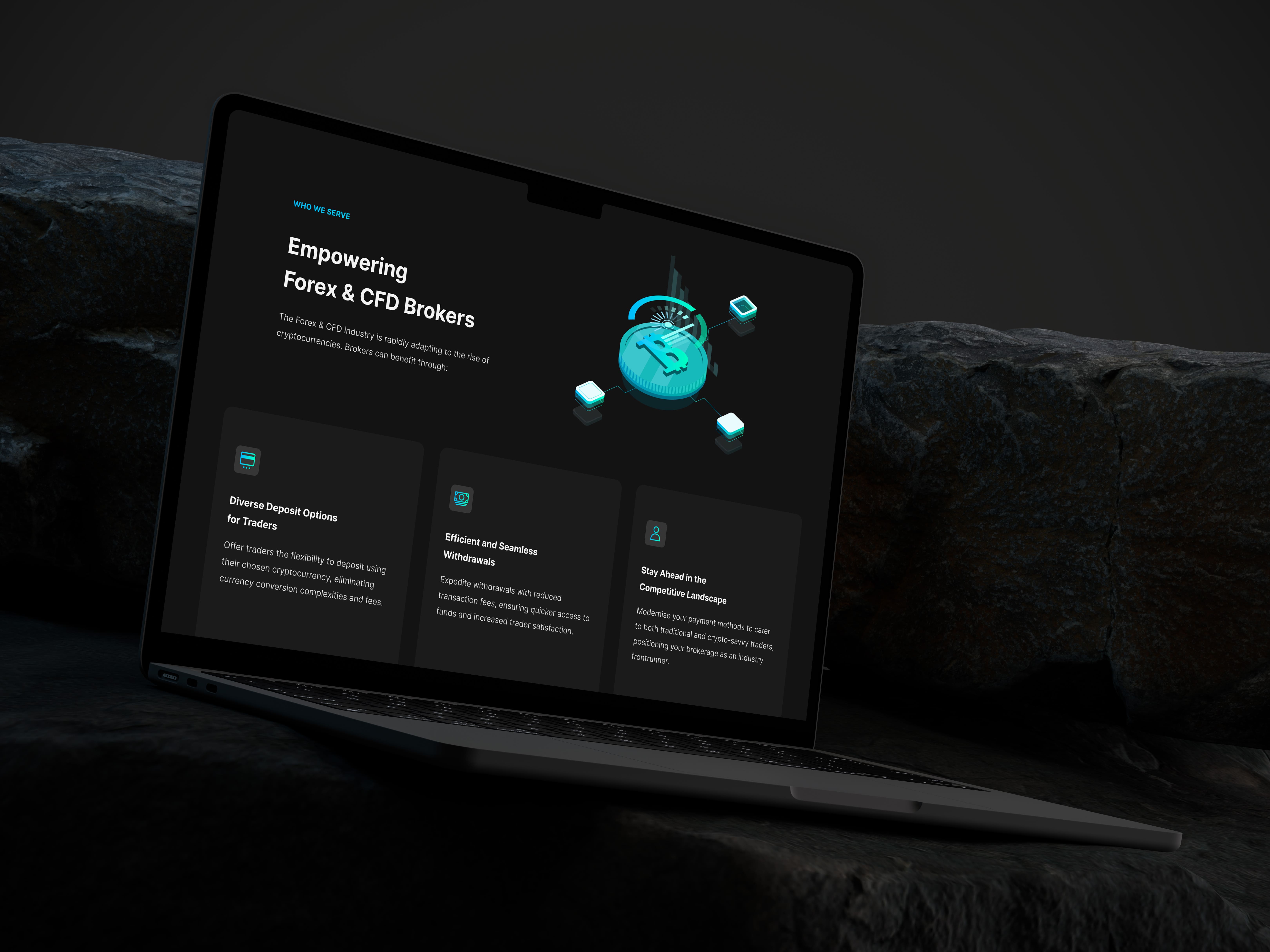 Liverum 'Who We Serve' page — Empowering Forex & CFD Brokers with deposit, withdrawal and competitive-landscape cards