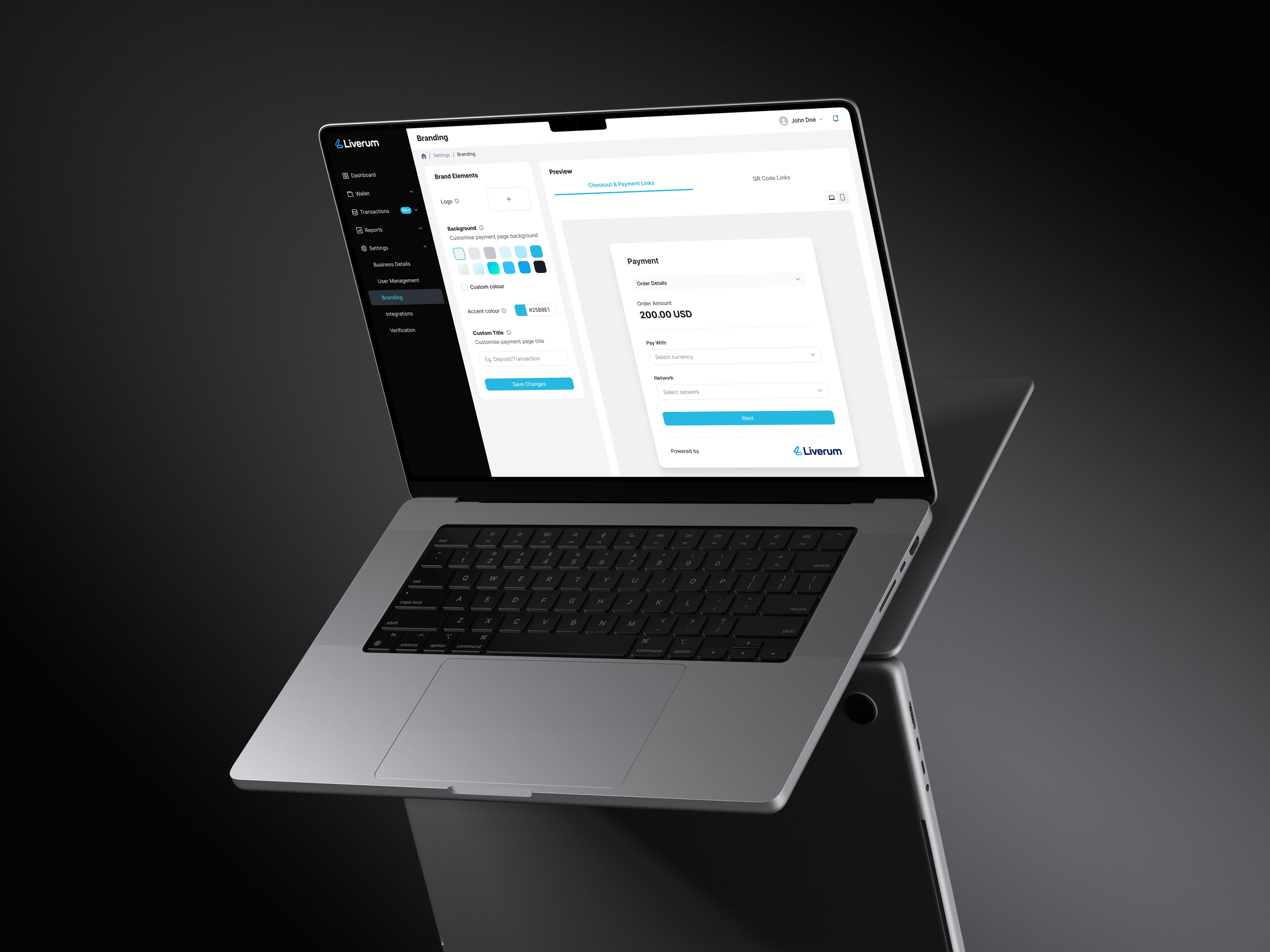 Liverum all-transactions view with a transaction detail panel showing a deposit timeline, summary, and network details