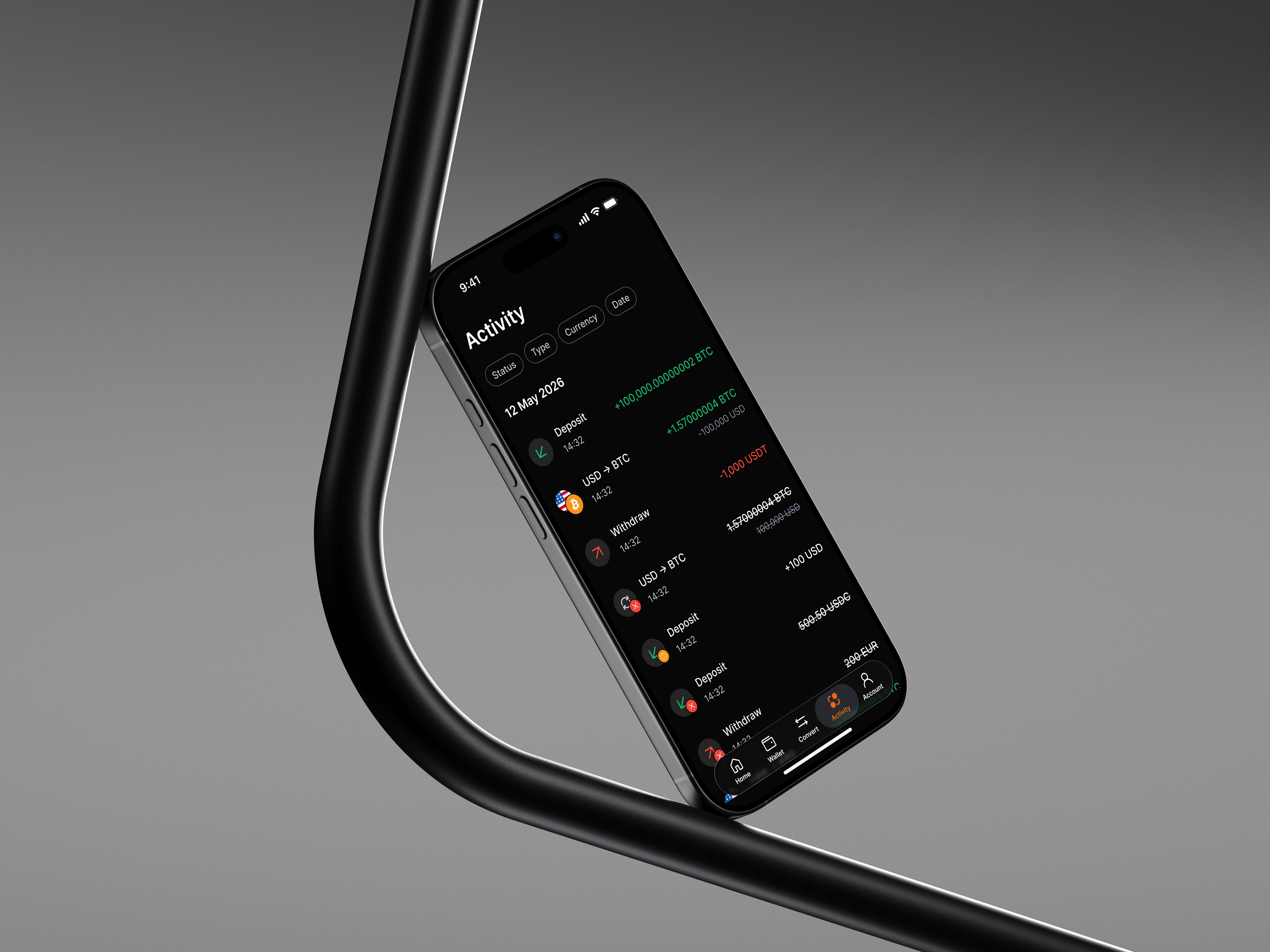 Activity screen — transaction feed with deposits, conversions and withdrawals filtered by status, type, currency and date