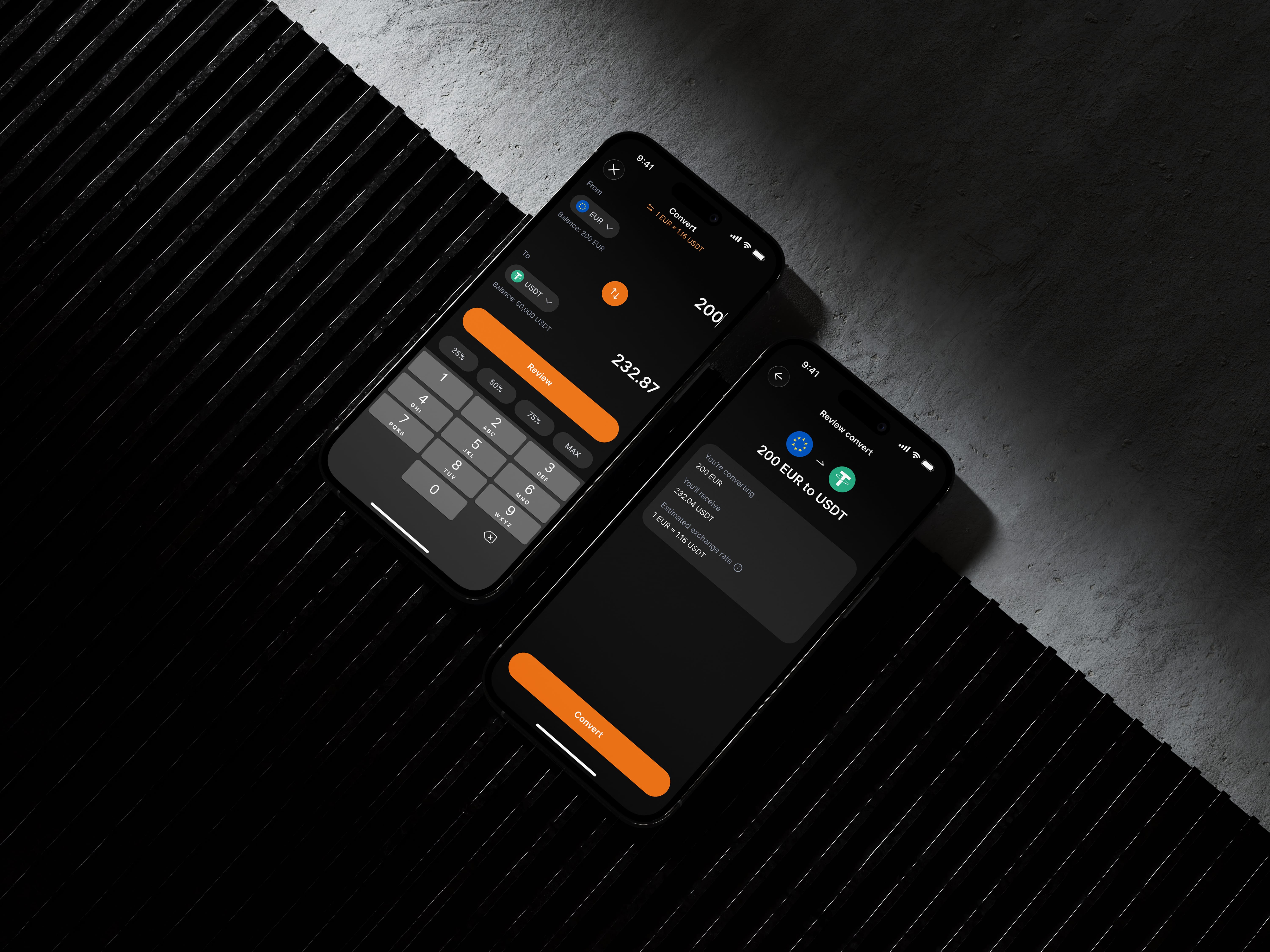 Convert flow on two phones — EUR to USDT amount entry and a review-convert screen showing the amount received and exchange rate
