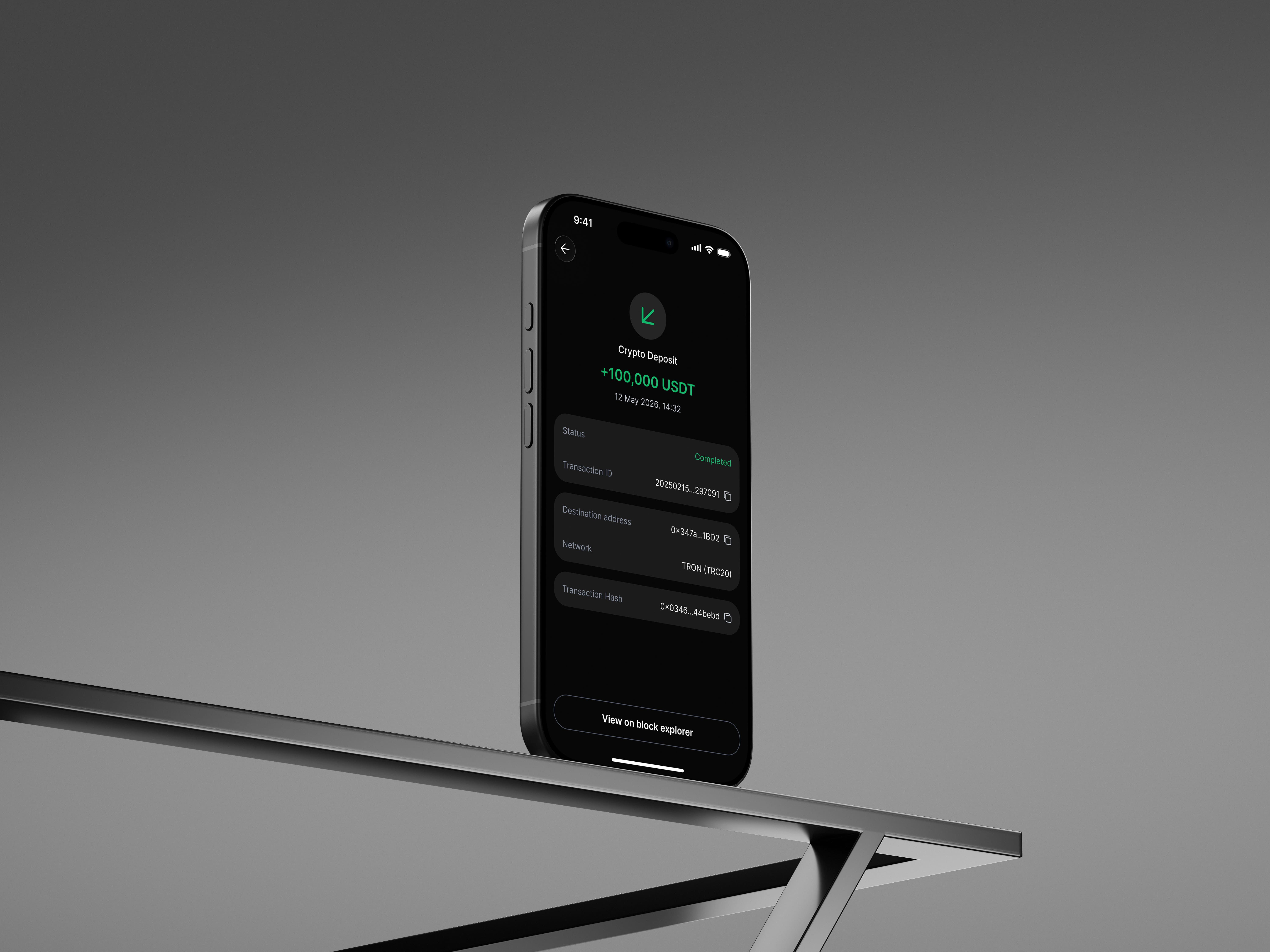 Crypto deposit transaction detail — +100,000 USDT marked Completed with transaction ID, destination address, TRON (TRC20) network, transaction hash, and a View on block explorer button