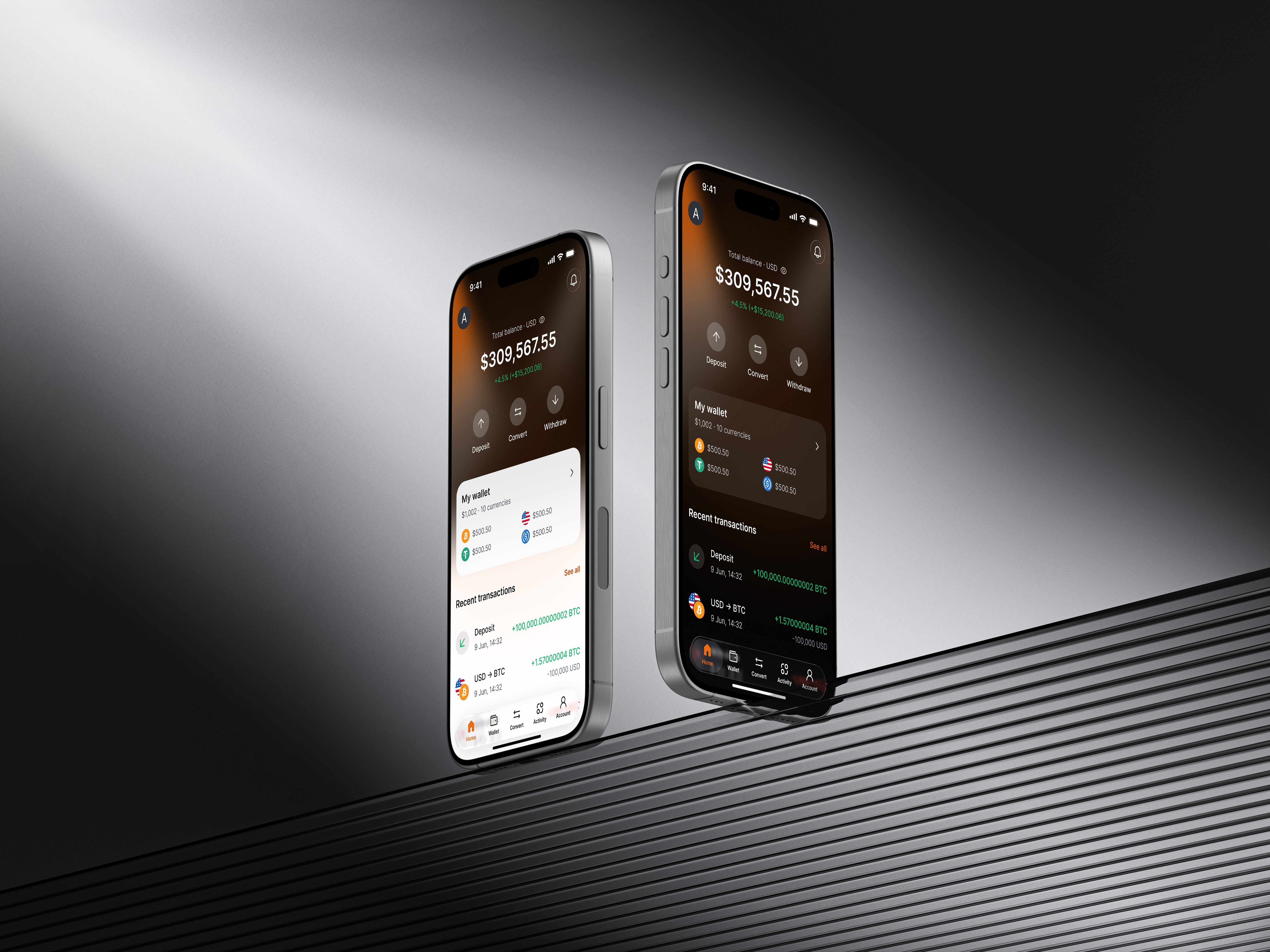 Multi-currency financial app screens for depositing, converting, and managing balances