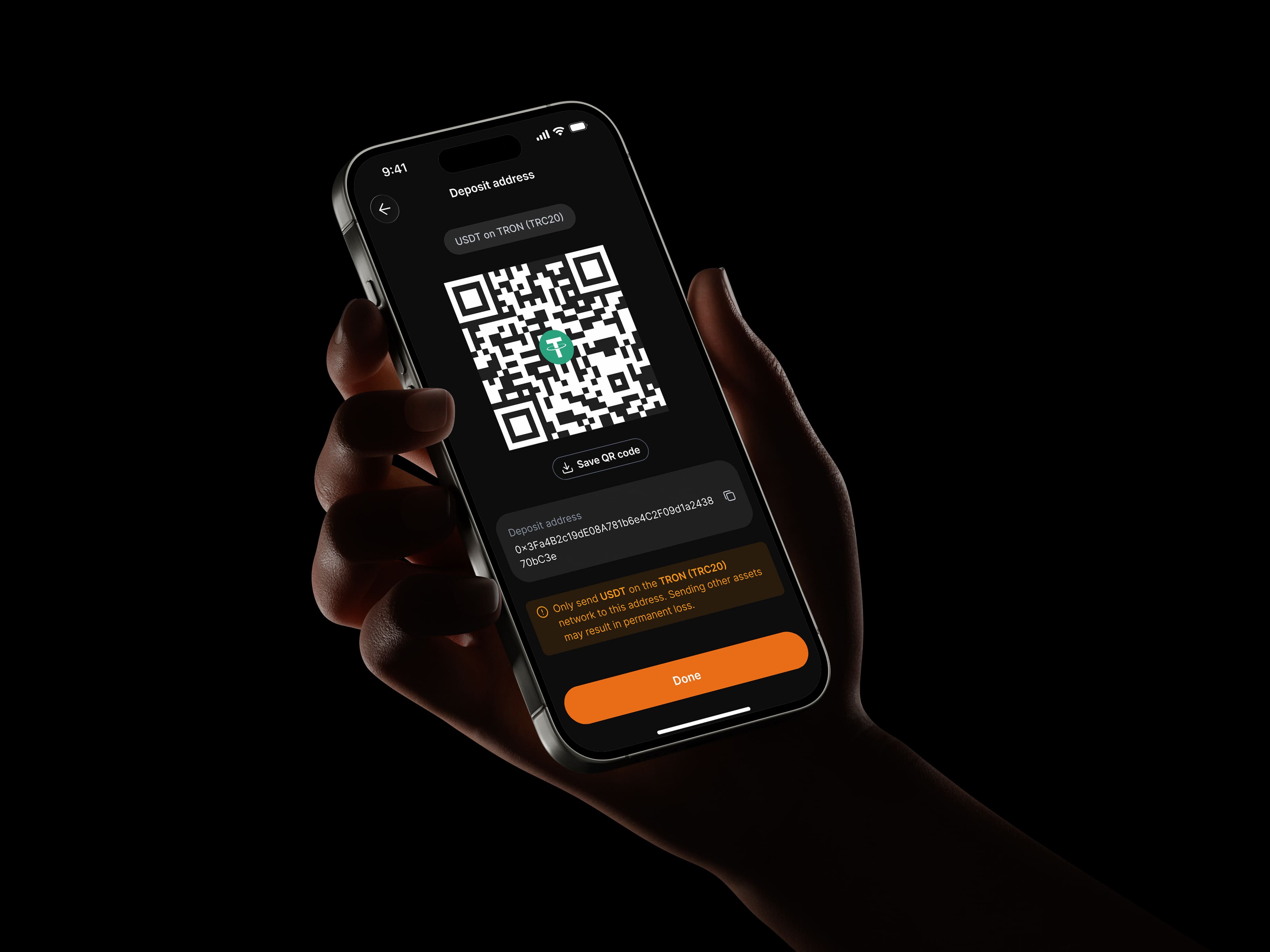 Crypto deposit screen — USDT on TRON (TRC20) with a QR code, deposit address, save QR button and a network warning