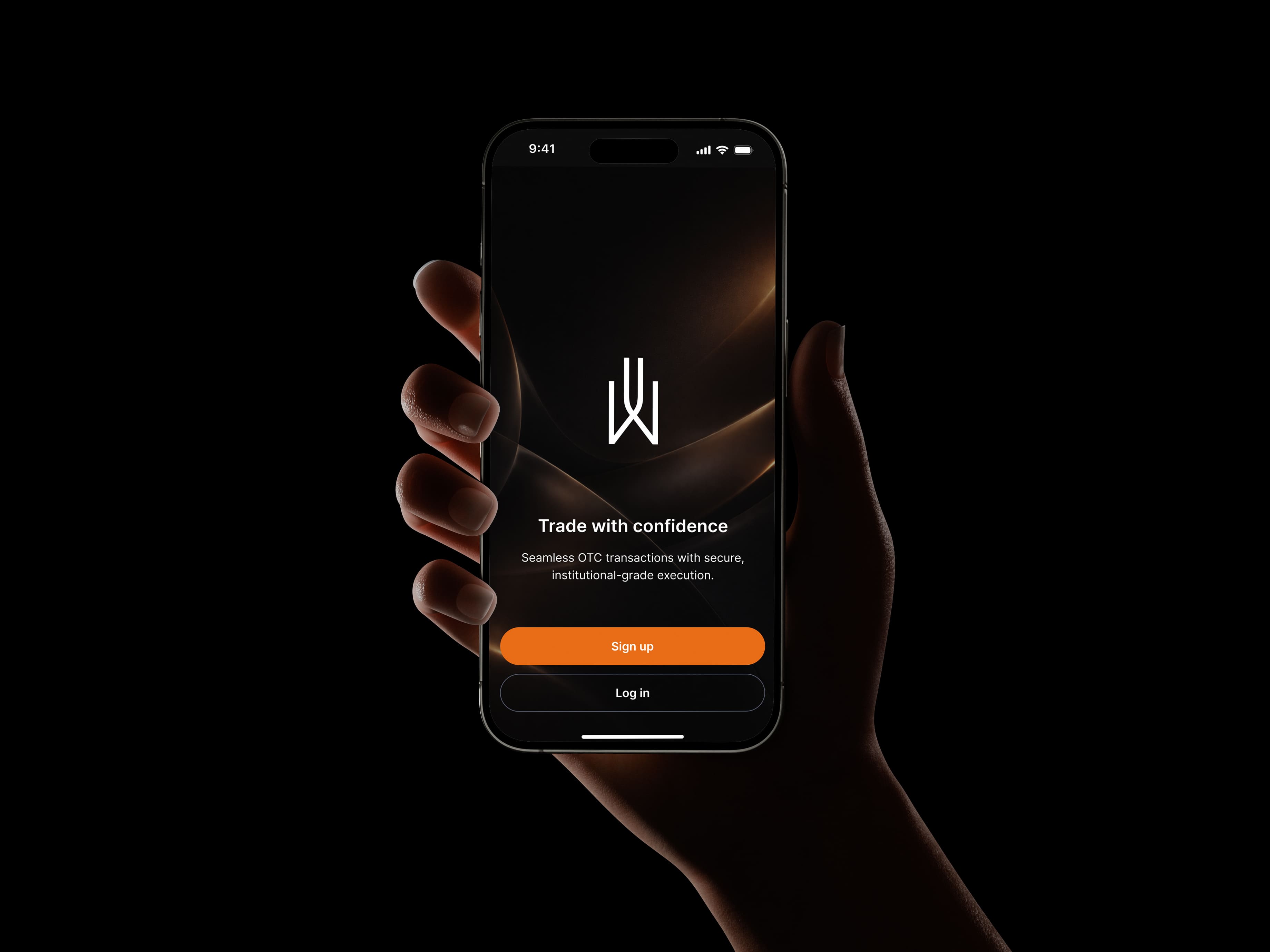 Onboarding screen — welcome screen with the W logo, Trade with confidence heading and Sign up and Log in buttons
