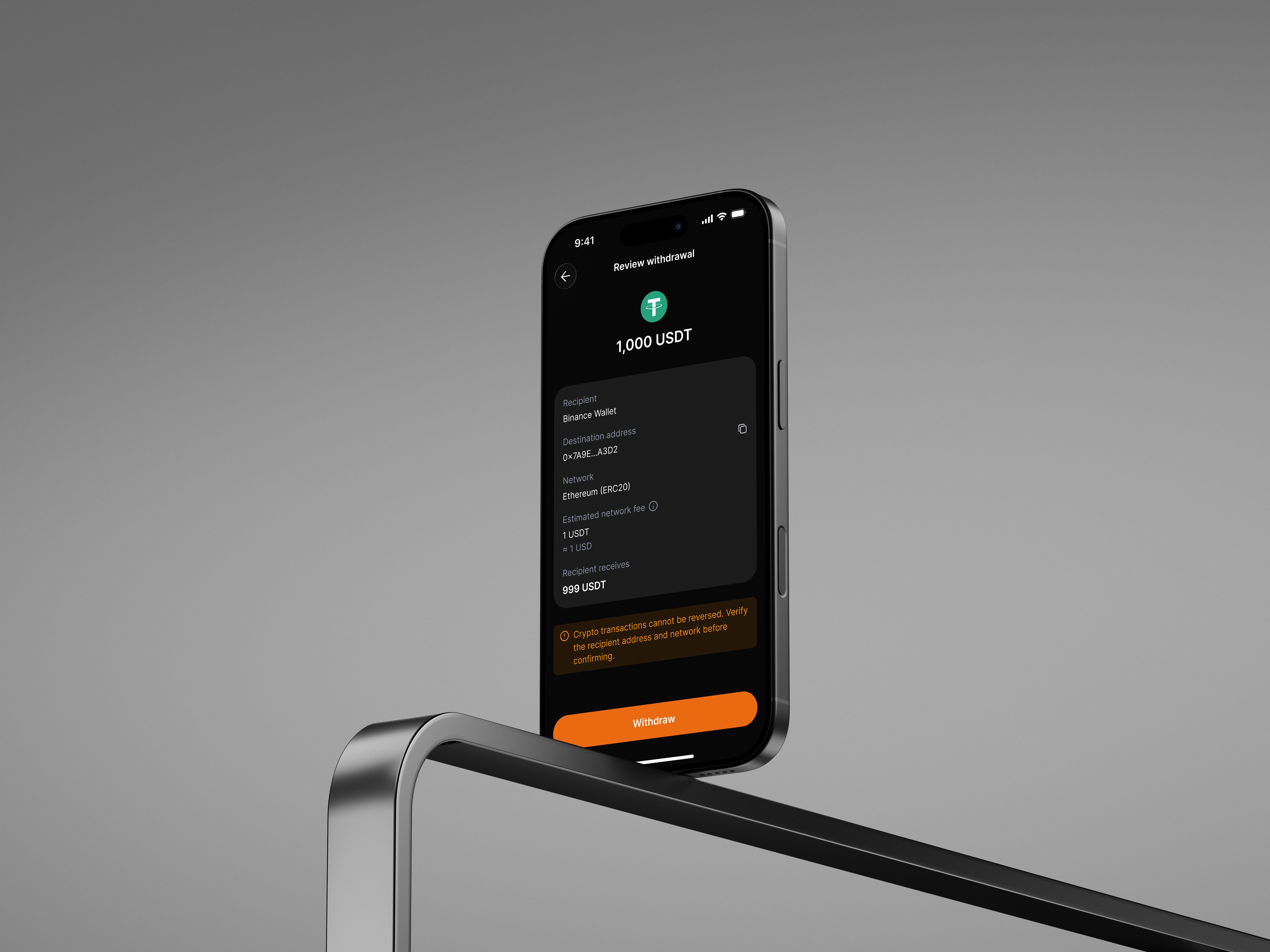 Review withdrawal screen — 1,000 USDT to Binance Wallet on Ethereum (ERC20) with destination address, estimated network fee, recipient receives 999 USDT, and a warning that crypto transactions cannot be reversed