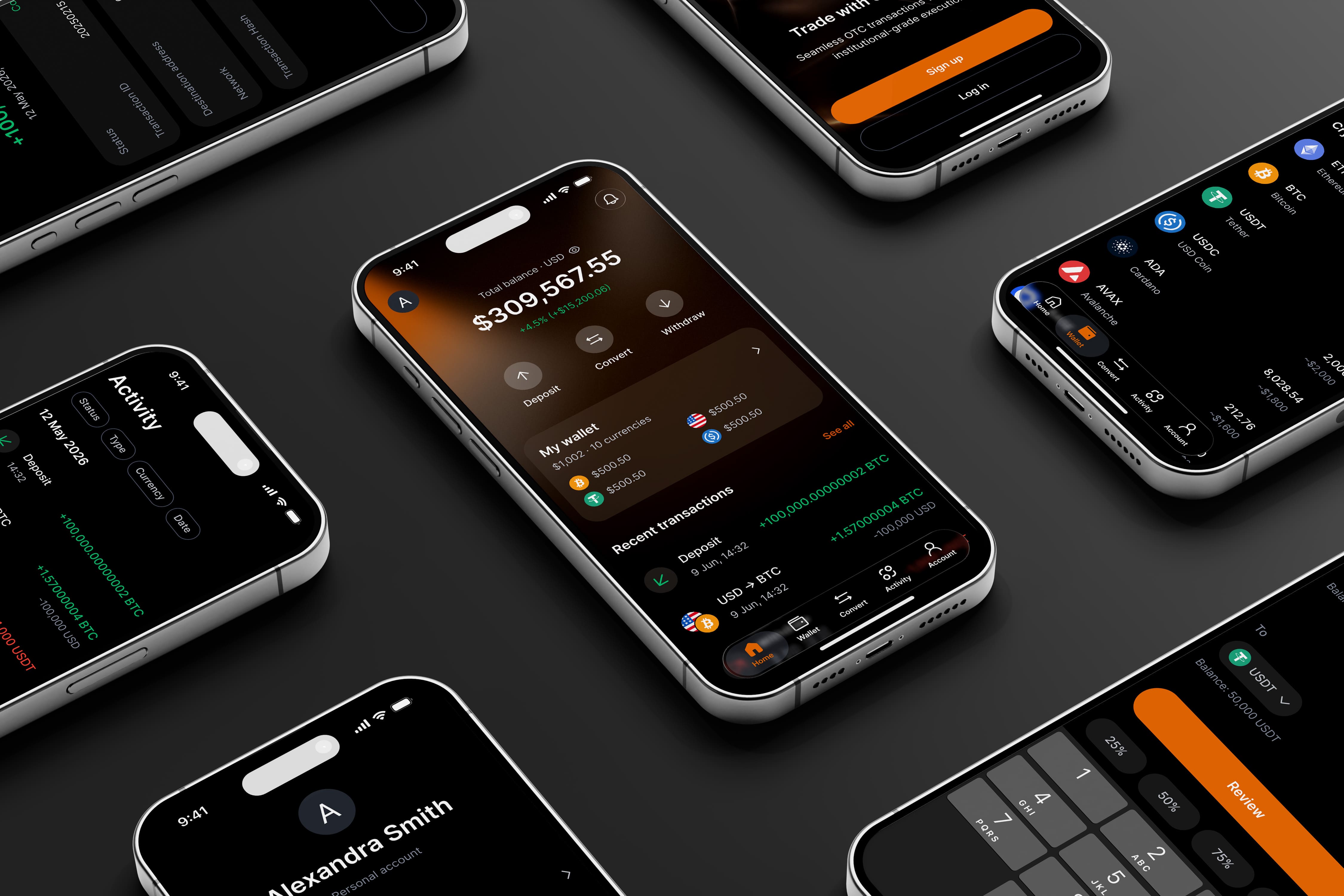 Isometric showcase of app screens — home balance, activity feed, wallet, account and convert flows arranged across multiple devices