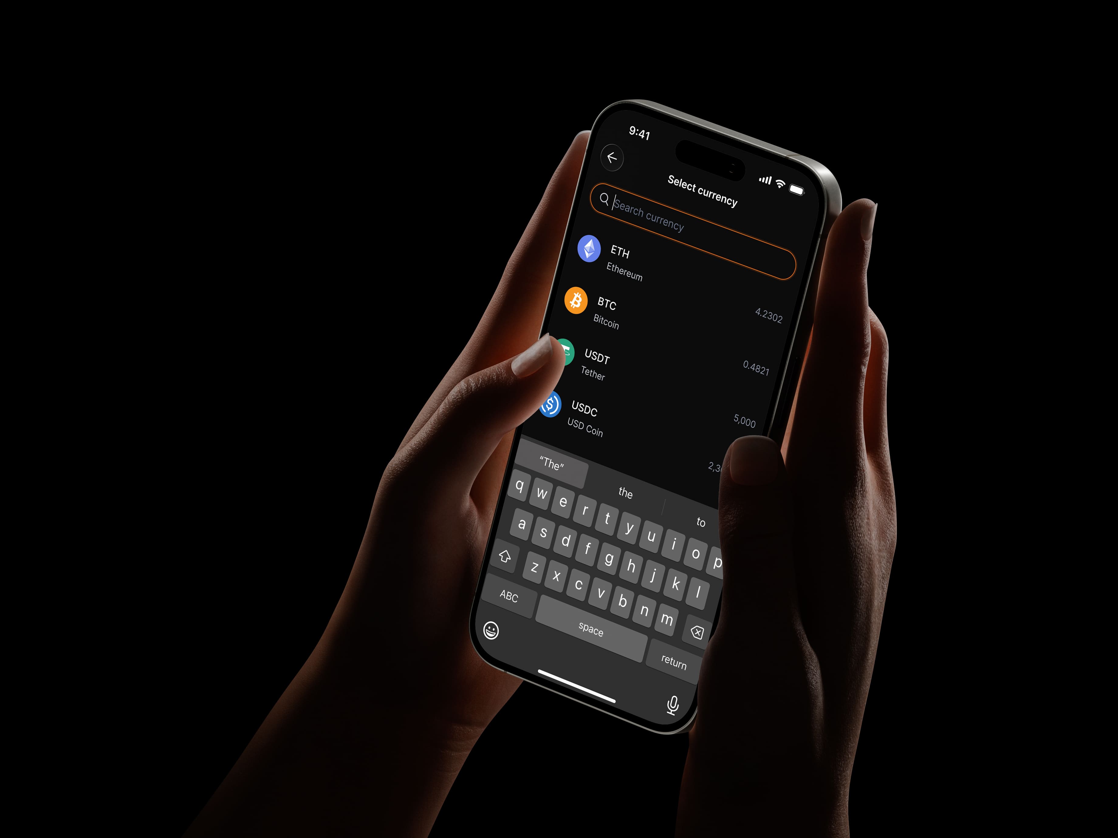 Select currency screen — searchable list of ETH, BTC, USDT and USDC with an open keyboard