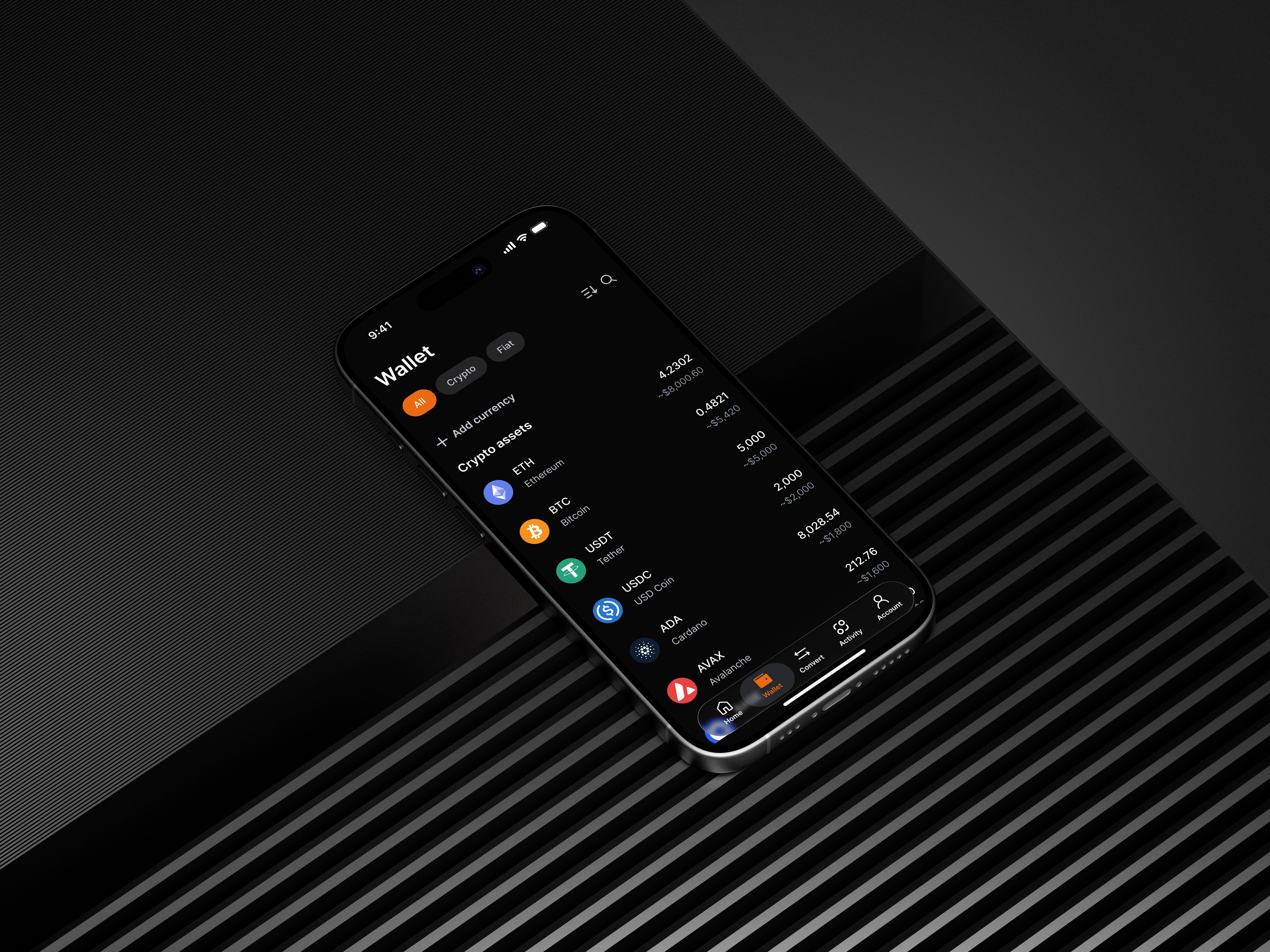 Wallet screen — multi-currency balances list with All, Crypto and Fiat toggles and assets ETH, BTC, USDT, USDC, ADA and AVAX