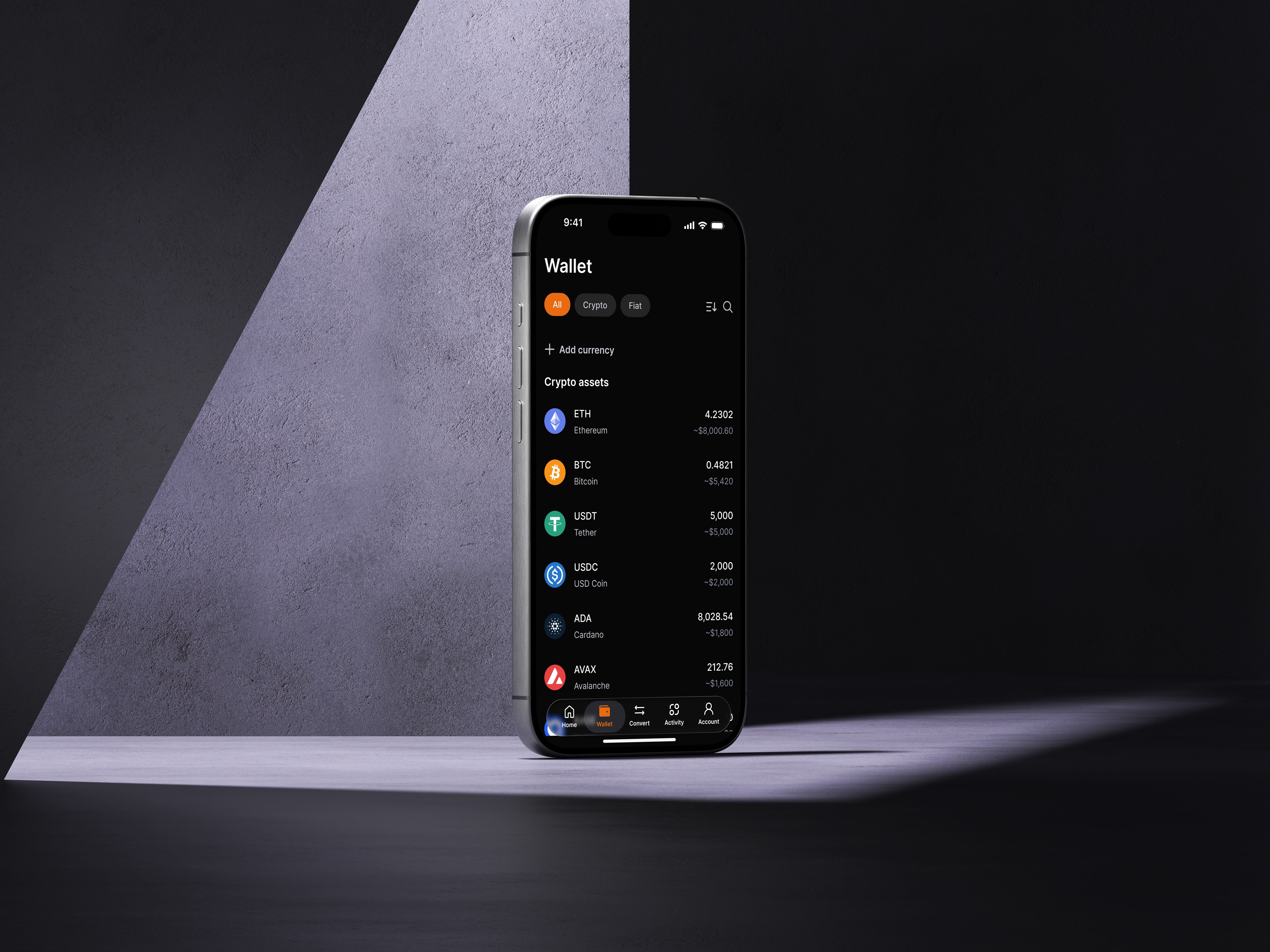 Wallet screen — All, Crypto and Fiat toggles above a list of assets (ETH, BTC, USDT, USDC, ADA, AVAX) each showing an amount and approximate value, with Home, Wallet, Convert, Activity and Account in the bottom navigation