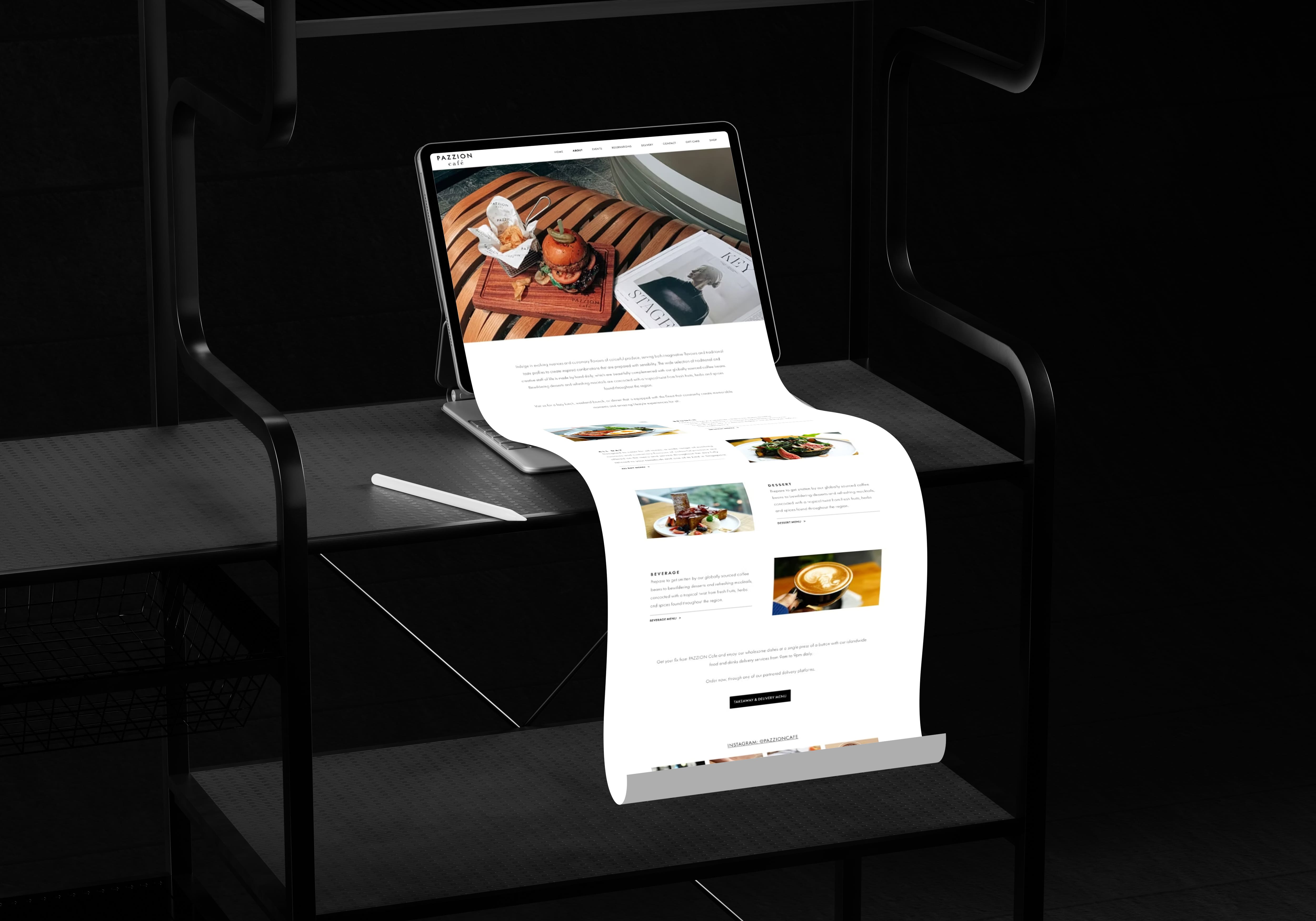 Pazzion Café website About page shown as a long scroll flowing from a tablet, with dish and beverage sections
