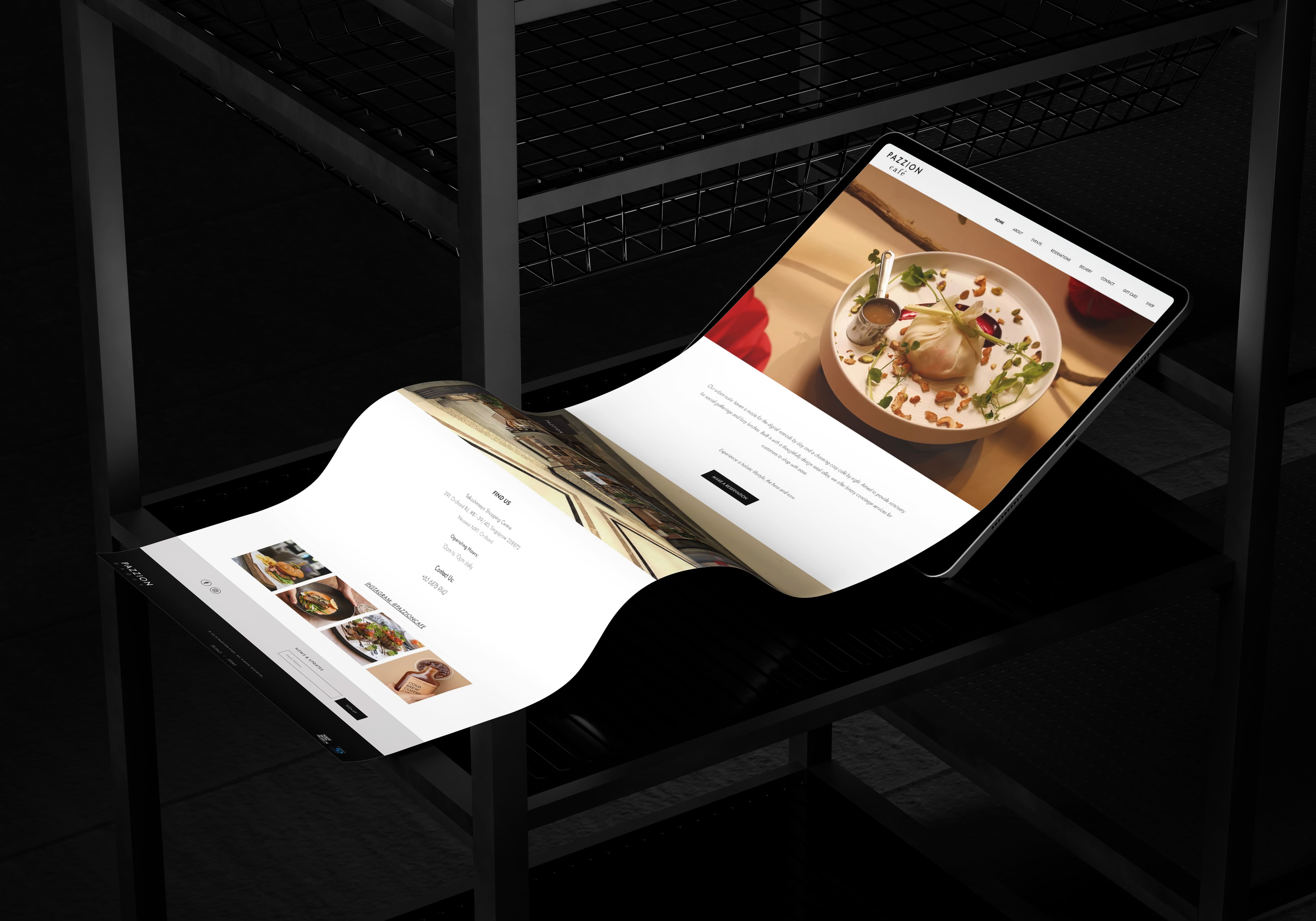 Pazzion Café website shown as a curved scroll from a tablet — a plated dish hero above the Find Us section